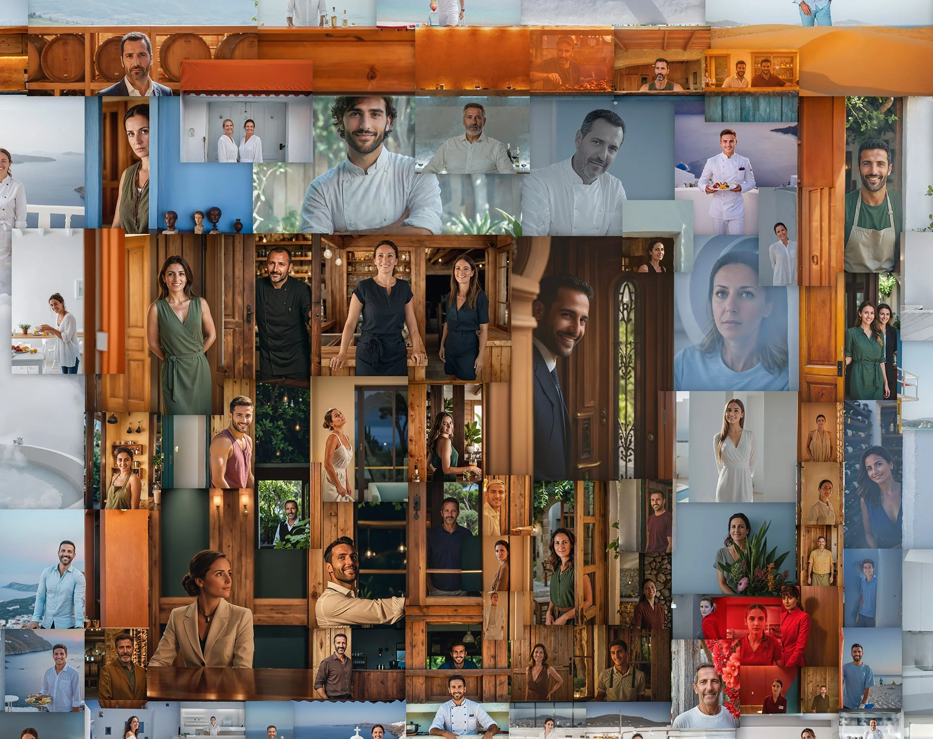   Comprehensive view of the tourism industry workforce mosaic featuring chefs, restaurant staff, and hotel employees, showcasing the diverse professional roles that drive Greece's vital hospitality sector.  