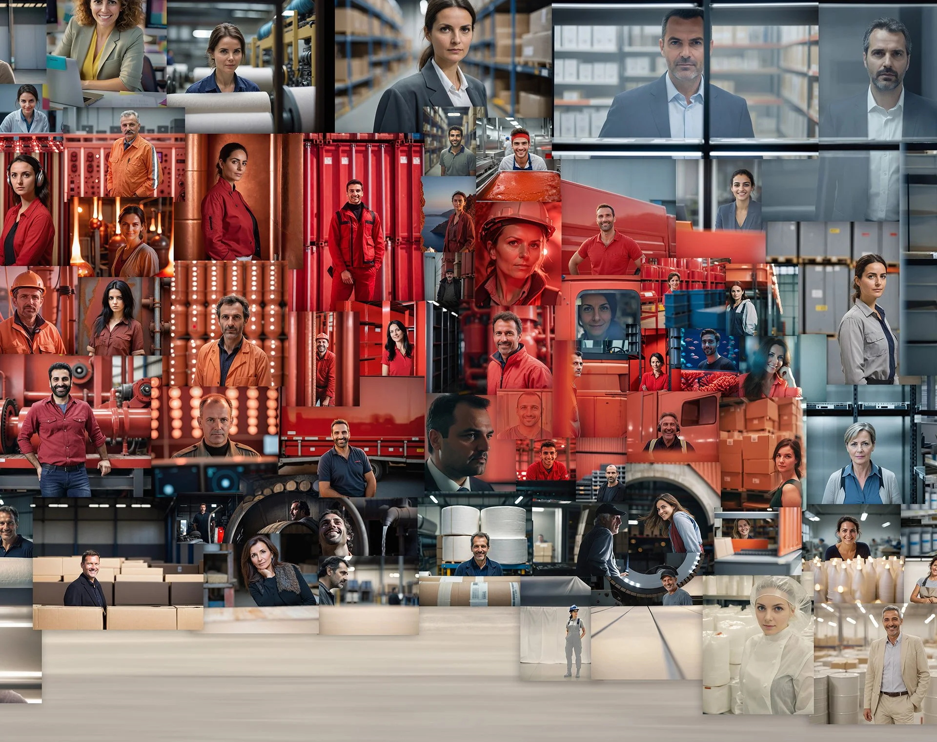   Detailed view of the manufacturing sector mosaic highlighting the industrial workforce diversity, with the red truck serving as a focal point representing Greece's logistics and production capabilities.  