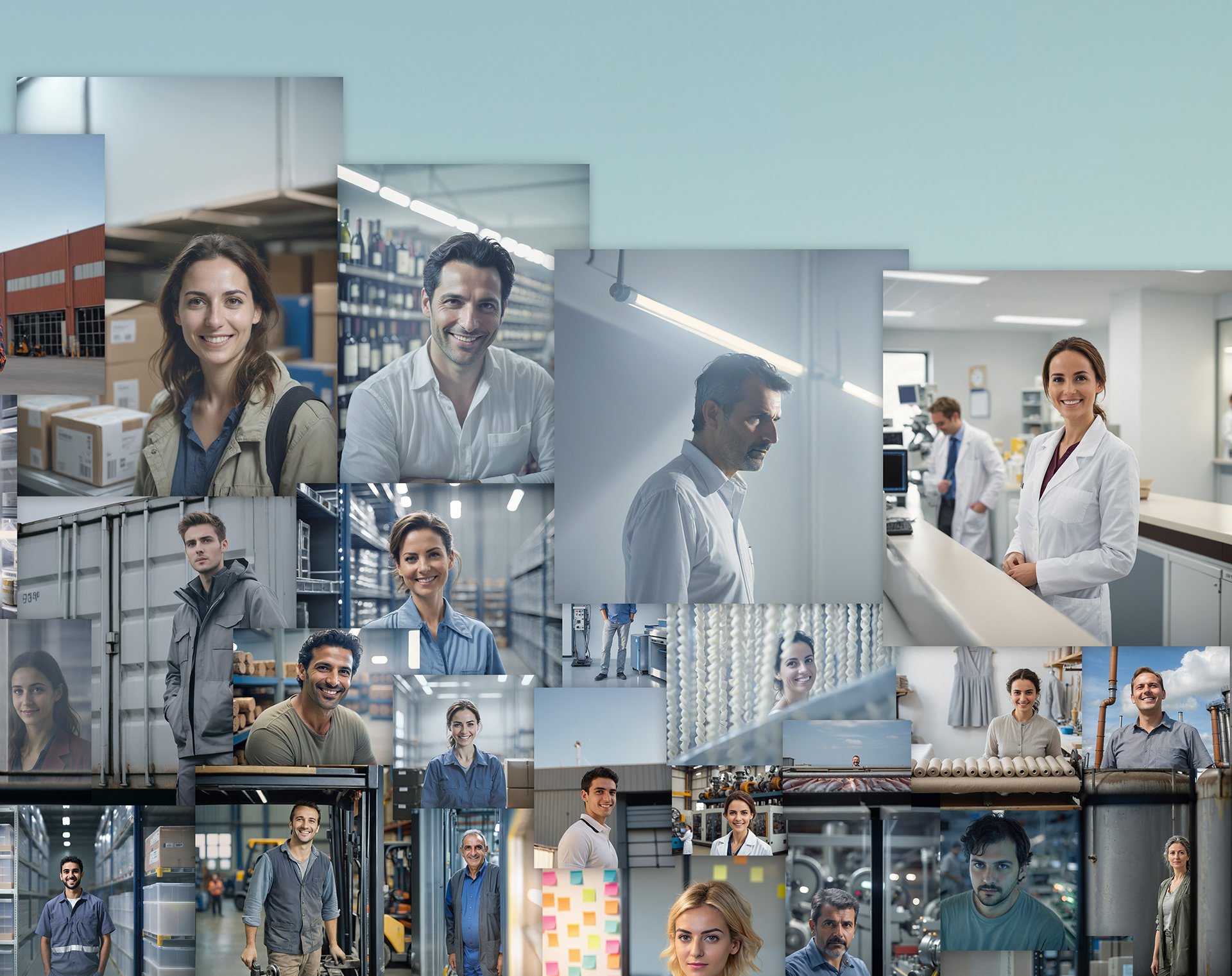   Detailed view of the manufacturing sector mosaic revealing the authentic faces of Greek industrial workers, from warehouse staff to food production employees, representing the backbone of Greece's manufacturing economy.  