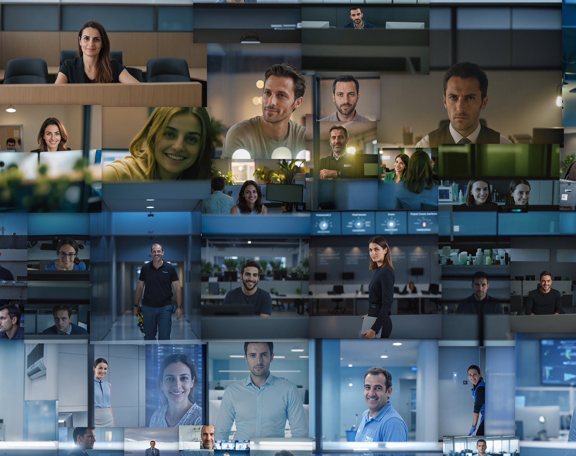  Detailed view revealing the individual employee portraits that construct the office building, demonstrating the technical precision and human diversity within the mosaic composition. 