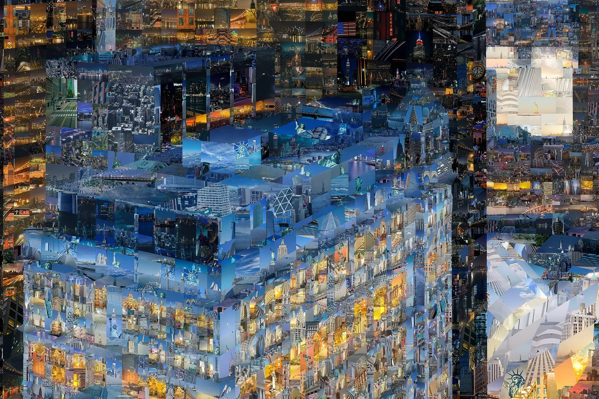   One City - One World: One World Trade Centre digital mosaic by Charis Tsevis – sunset light on Freedom Tower, warm orange and pink sky, reflective glass surfaces in mosaic technique.  