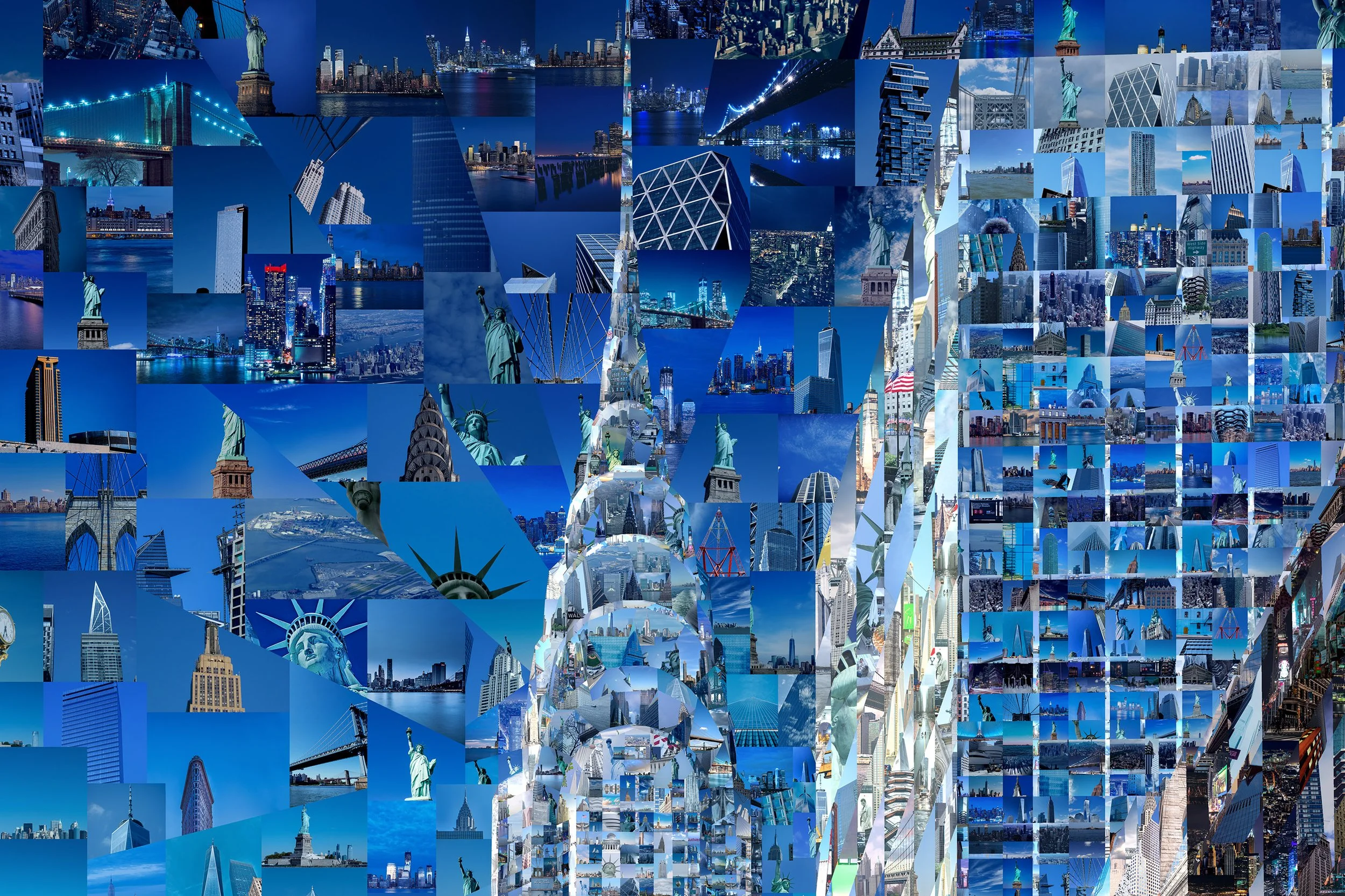   Sunlit Majesty: Chrysler Building digital mosaic by Charis Tsevis – spring sunlight on Art Deco spire, silver and white geometric tiles, sunny blue sky background.  