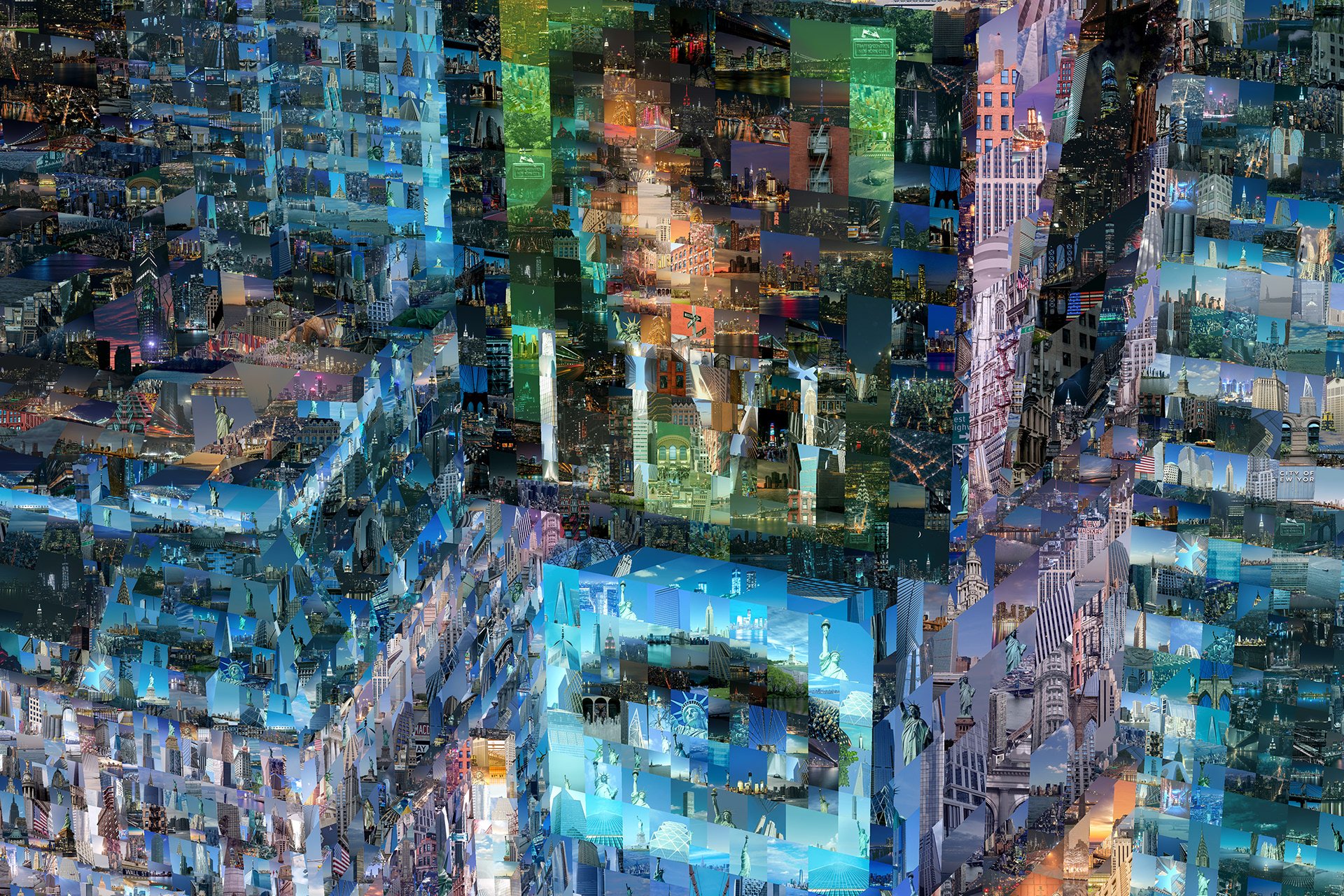   Neon Symphony: Times Square at night digital mosaic by Charis Tsevis – neon signs, billboards, night crowds rendered in luminous mosaic fragments against dark sky.  