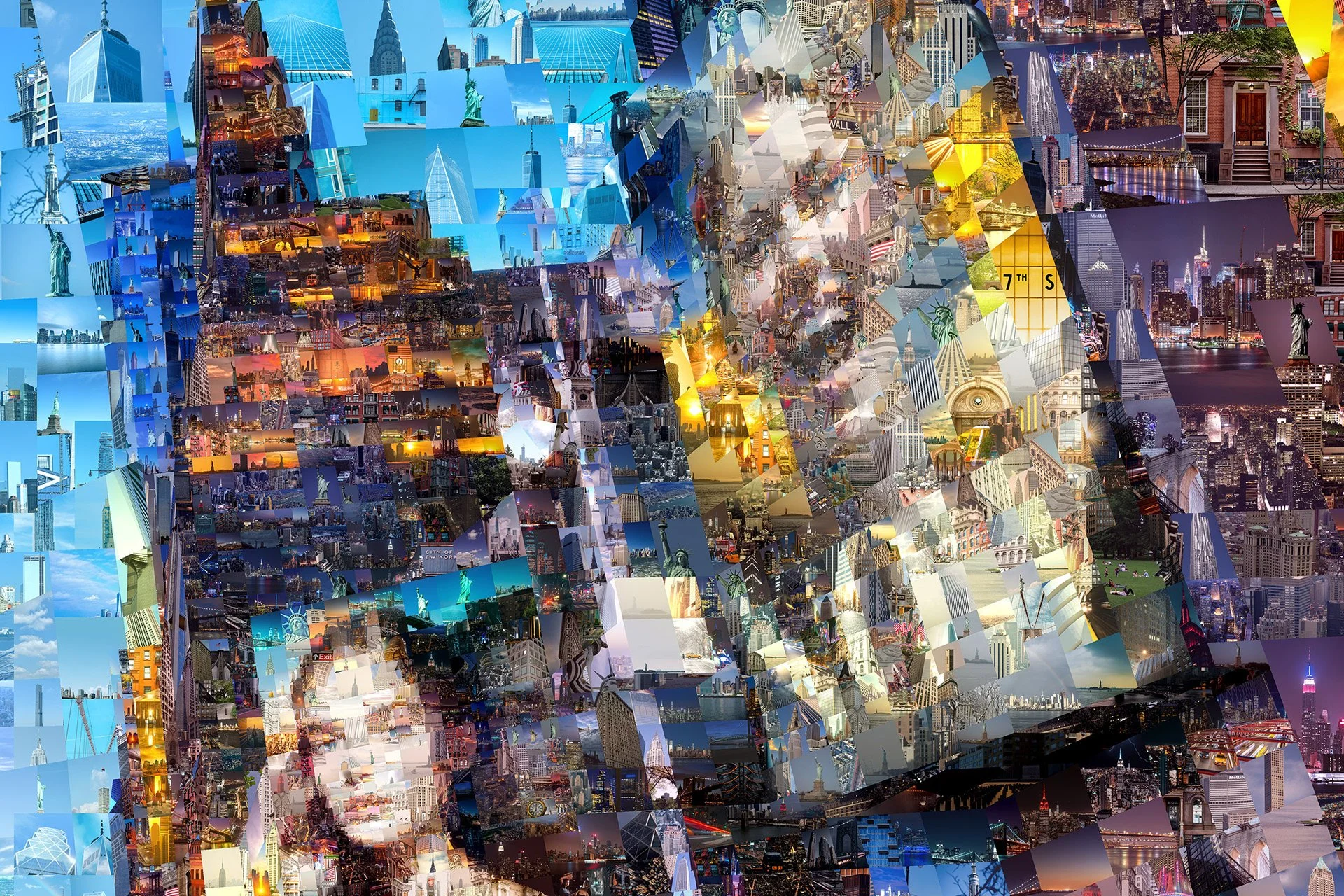  Sign of the Times: Times Square digital mosaic by Charis Tsevis – summer evening, billboards and crowds captured in mosaic fragments, warm golden hour light.  