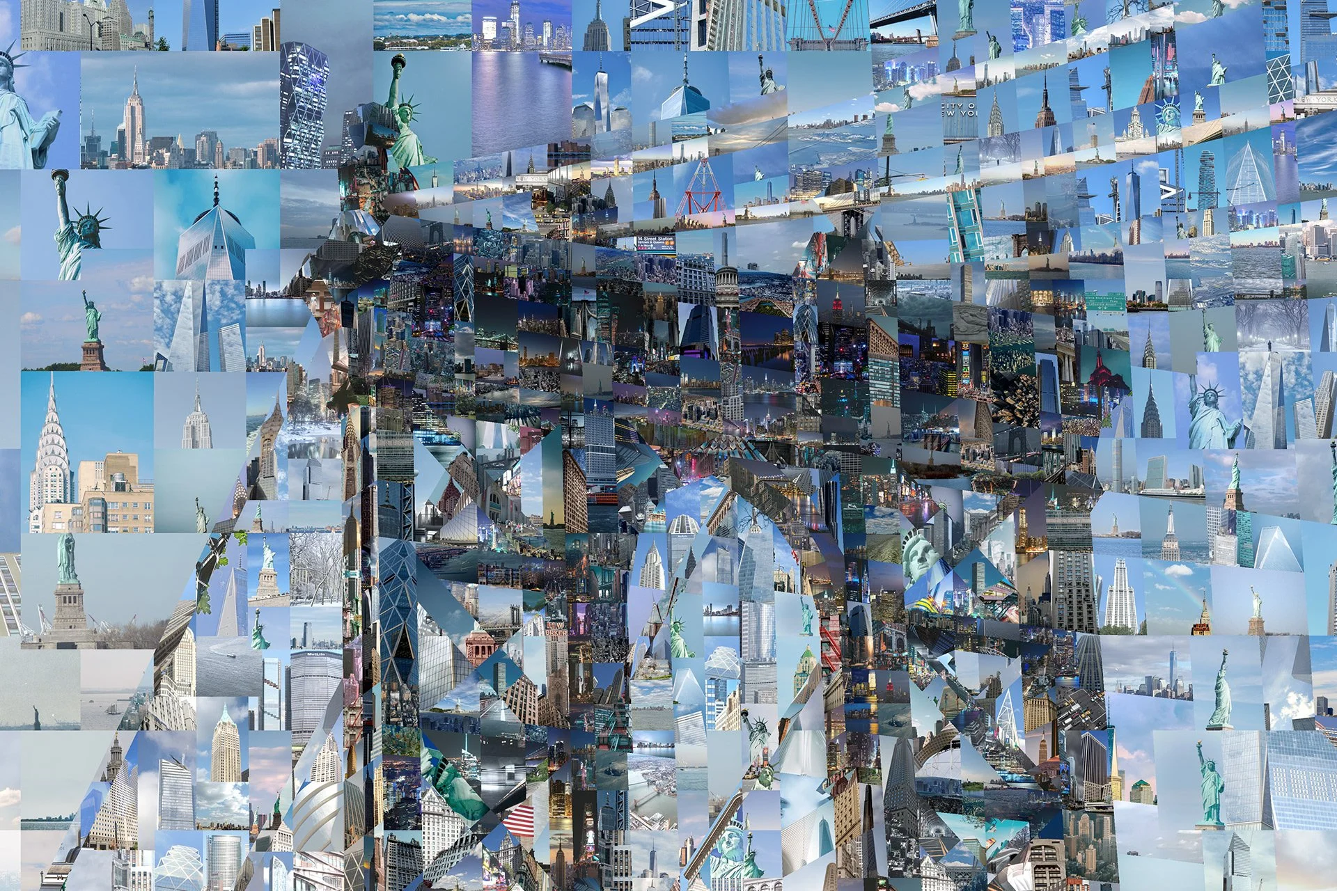   Bridge to the sun: Brooklyn Bridge digital mosaic by Charis Tsevis for LUMAS – bright summer day, blue water, white bridge arches constructed from hundreds of photographic fragments.  