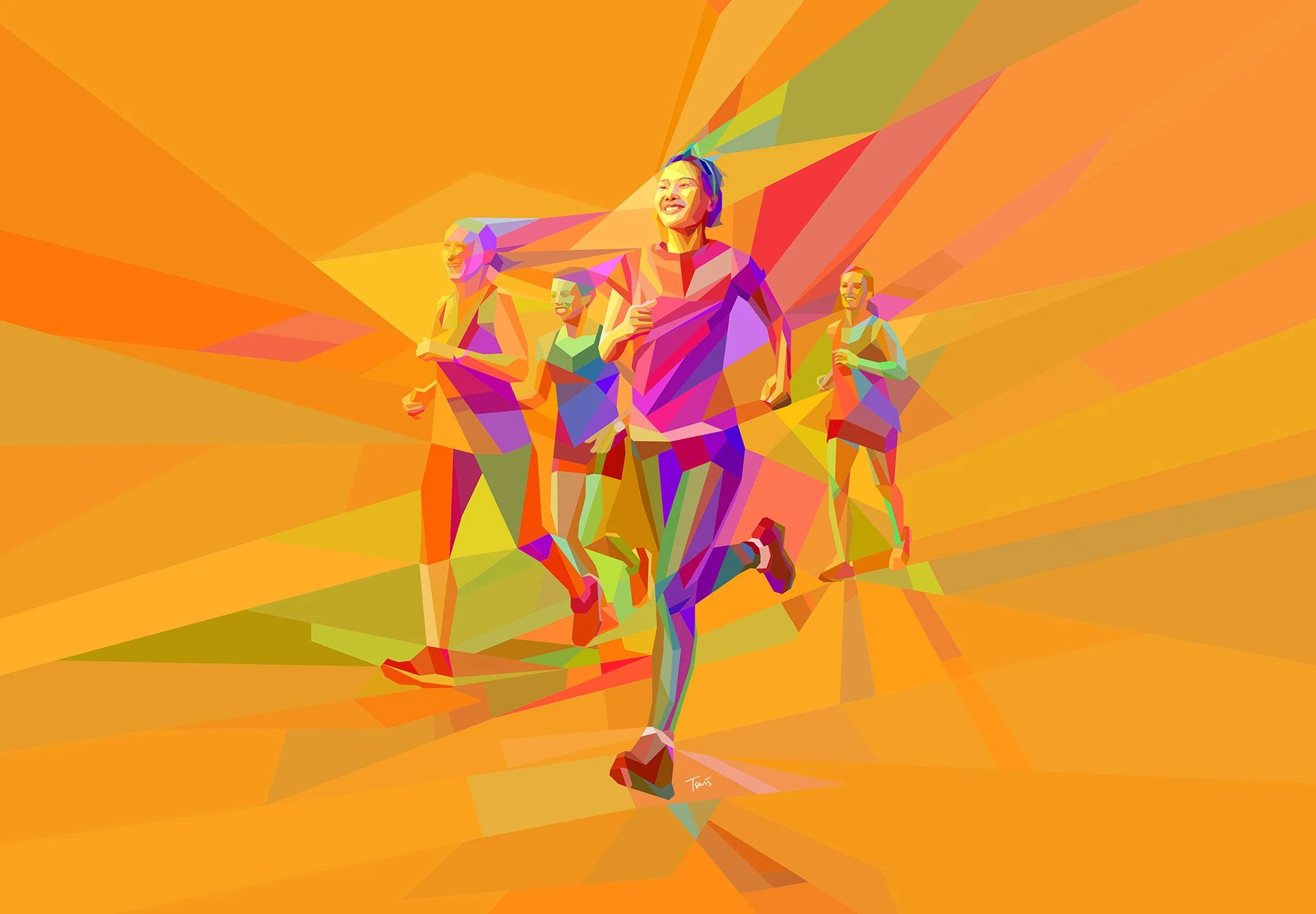  Happy runners in motion, geometric illustration in orange colors, health branding art 