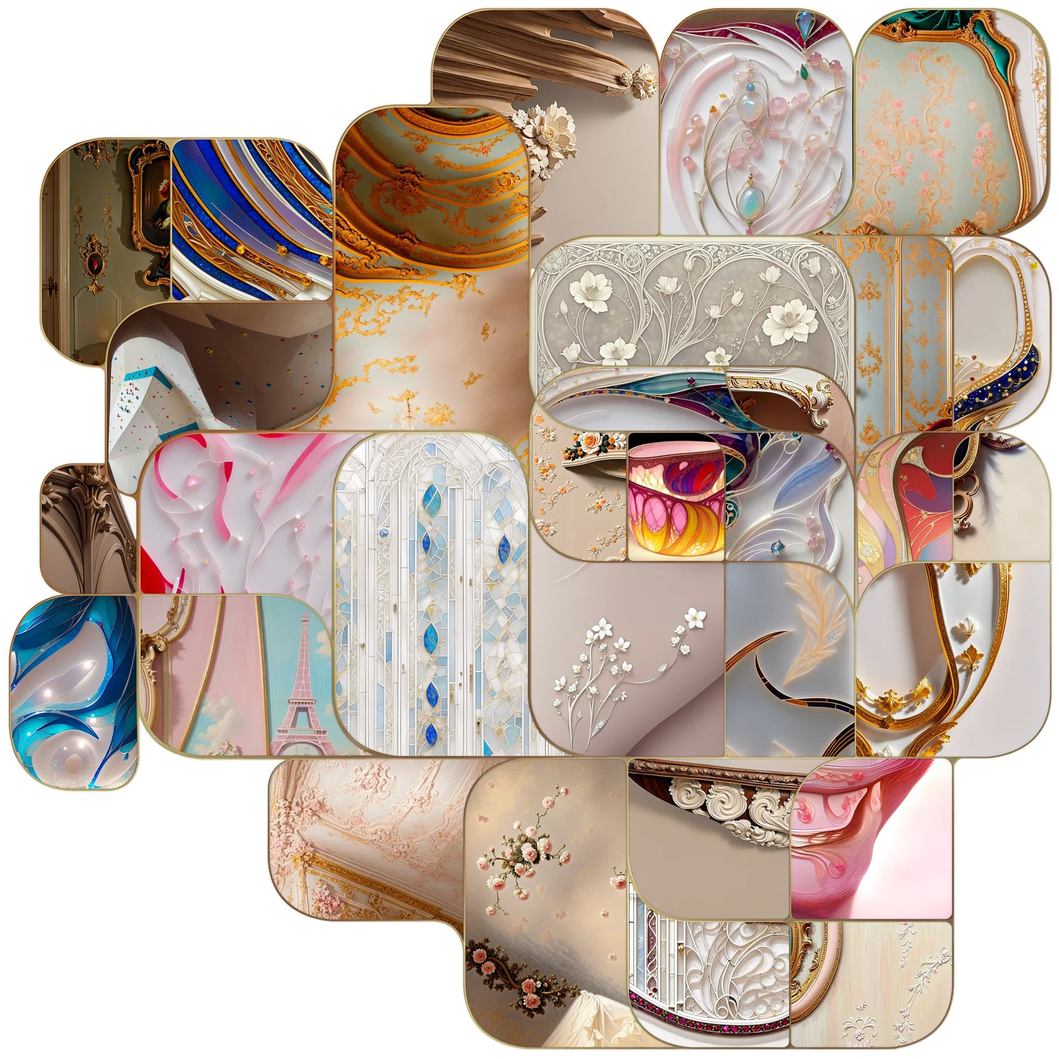 Digital mosaic portrait of an Olympic athlete in gold-edged tiles of French decorative art