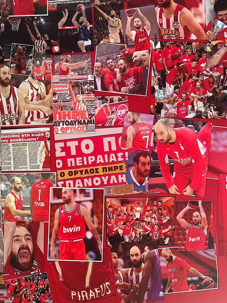   Close-up of Vassilis Spanoulis mosaic showing Greek newspaper headlines – individual clippings visible at three feet. Charis Tsevis variable tessellation technique.  
