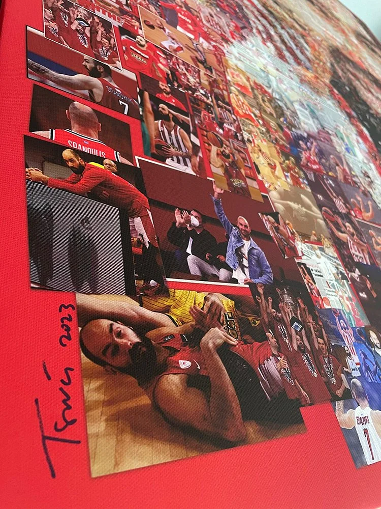   digital photomosaic portrait by Charis Tsevis. Variable tessellation using game-winning shots, championship celebrations, family moments, and Greek media headlines.  