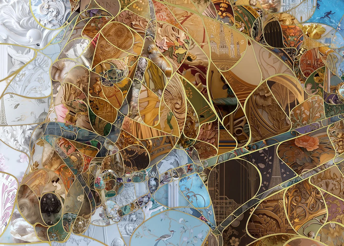  Detail from a digital mosaic artwork that merges classical and digital art traditions, showcasing intricate patterns and textures inspired by French artistic movements. 