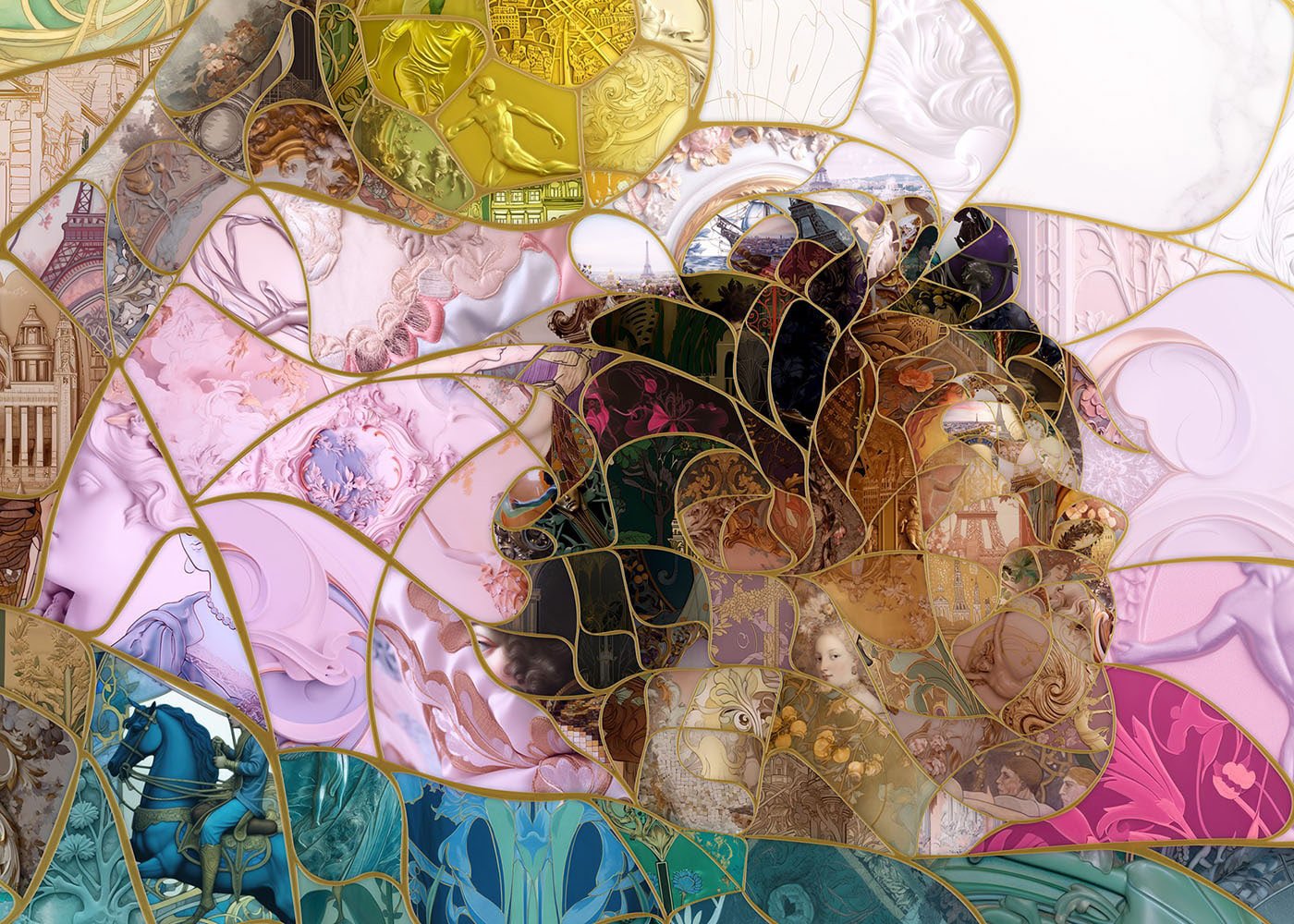  Close-up of a mosaic piece highlighting the artist's use of AI-inspired techniques to create a seamless blend of cultural symbolism and modern design. 