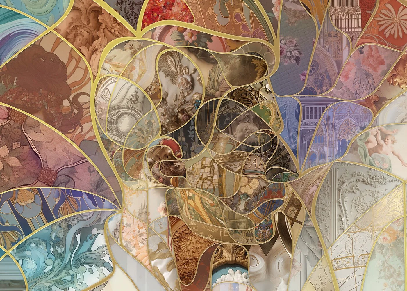  Detail from a digital mosaic applying variable-size mosaic portrait techniques to create a dynamic visual rhythm , rooted in artistic traditions and technology. 