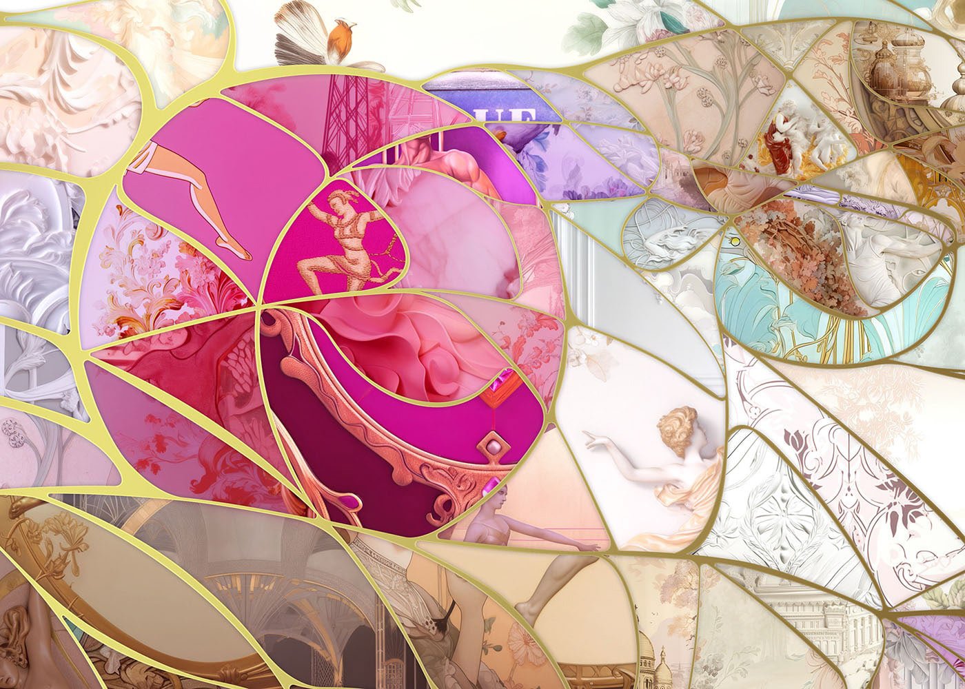  Detail from a large-format mosaic inspired by Parisian art movements , designed using editorial illustration principles and symbolic elements 