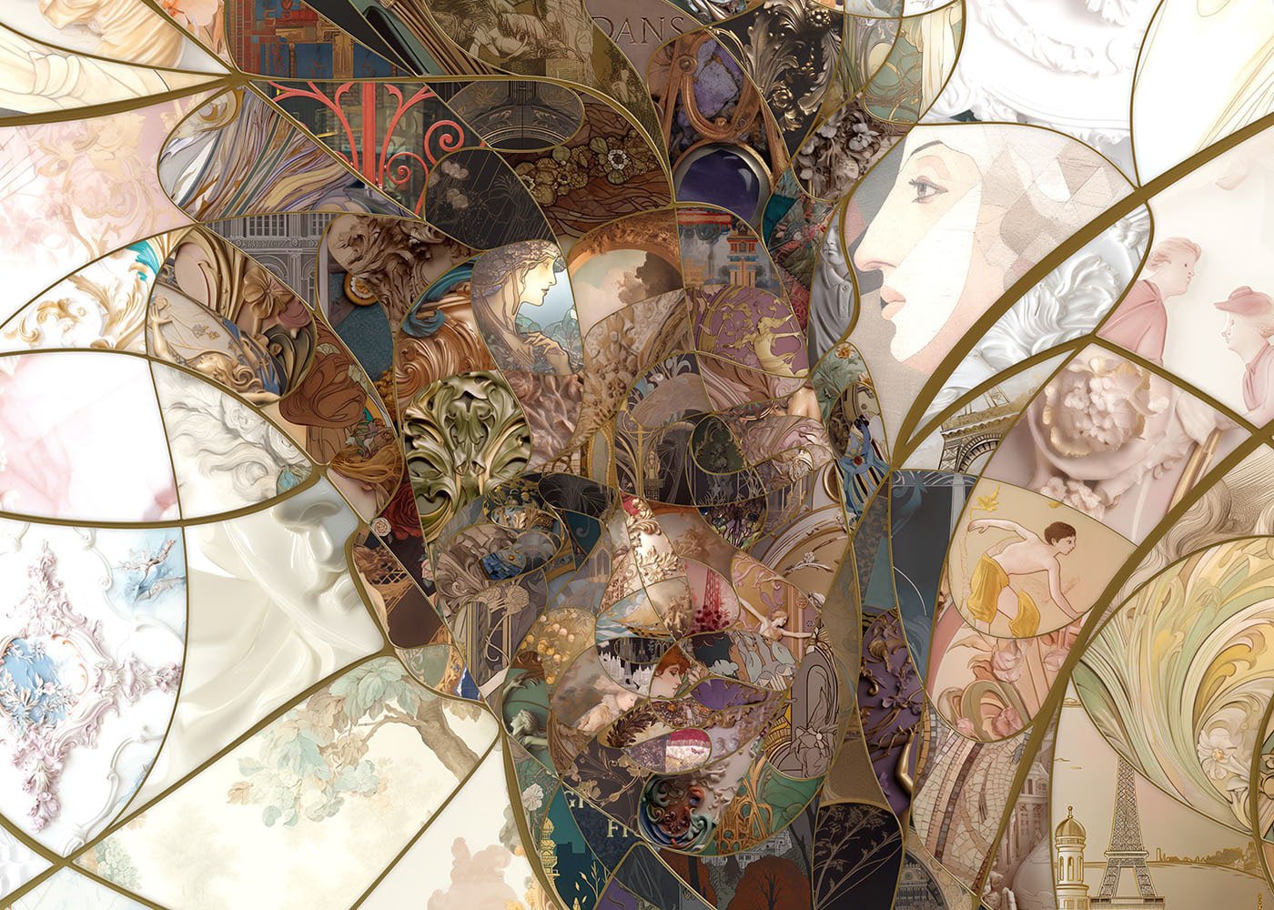  detail from a digital mosaic inspired by French artistic movements and the Paris 2024 Olympics. 
