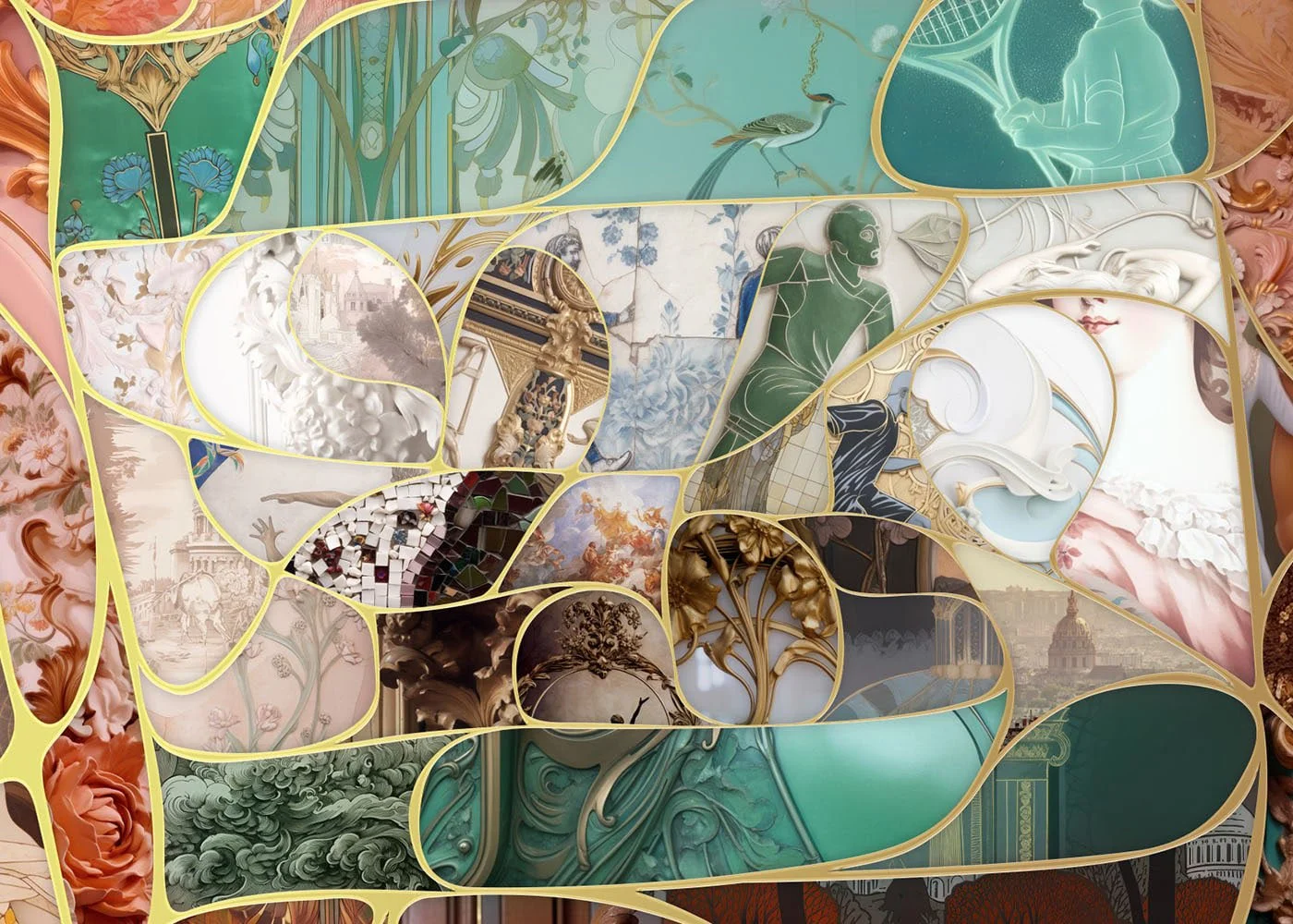  Detail from a contemporary mosaic art piece that merges classical influences with AI-inspired mosaic techniques , creating a unique visual language 