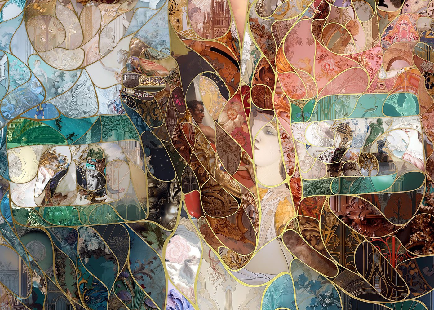  Detail from a photo-based mosaic with cultural symbolism , reflecting the artist’s approach to visual anthropology and cross-cultural impact 