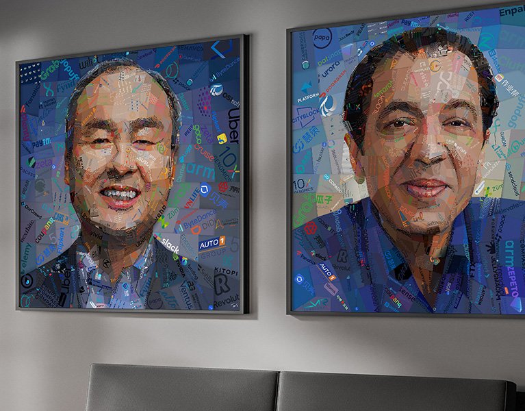 Two framed mosaic portraits of businessmen hanging on an office wall