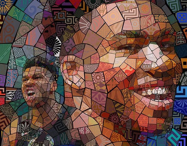 Mosaic portrait of a basketball player built from Greek keys and Nigerian Aso Oke colours