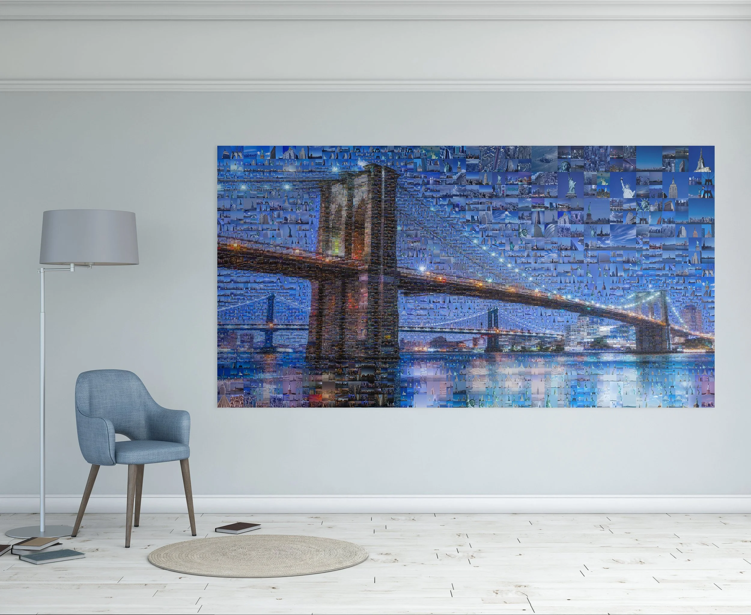  Mosaic of the Brooklyn Bridge at night on a pale wall beside a blue armchair and floor lamp 