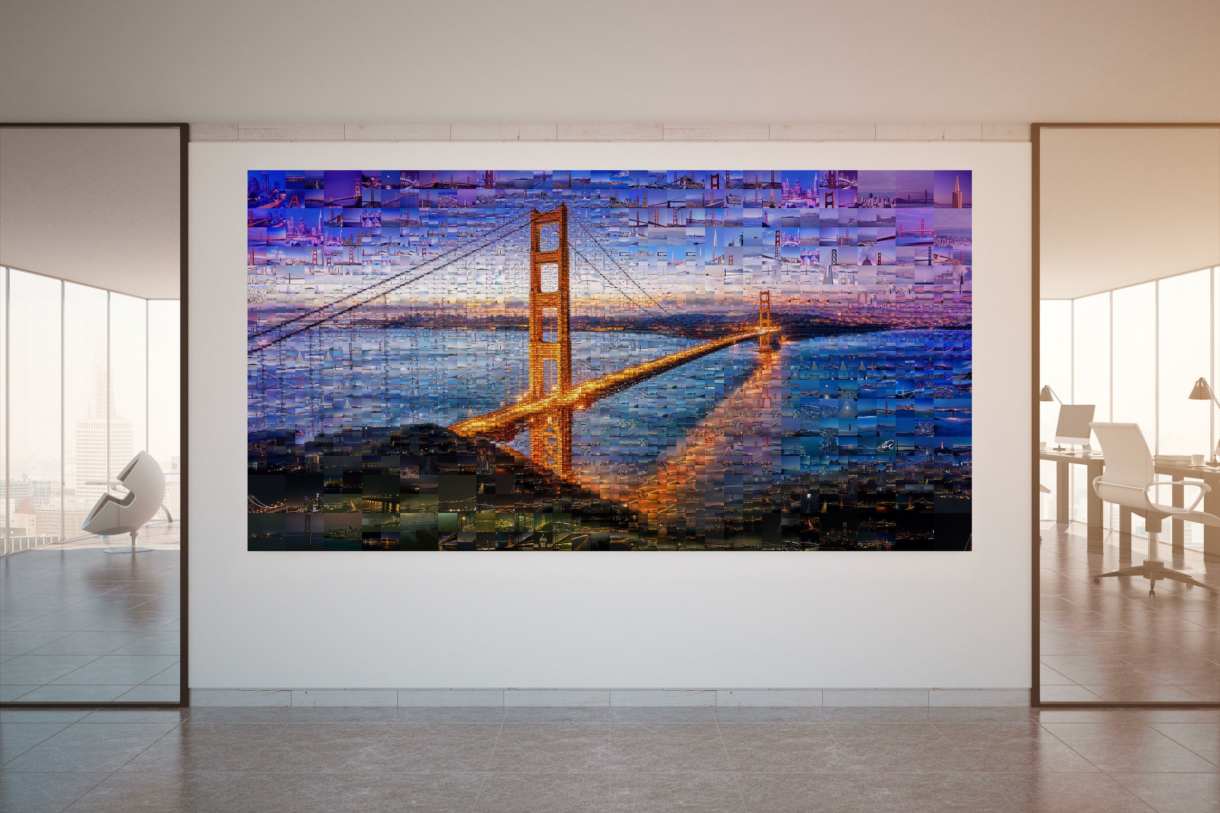  Mosaic of the Golden Gate Bridge at sunset on a wall between glass office partitions 