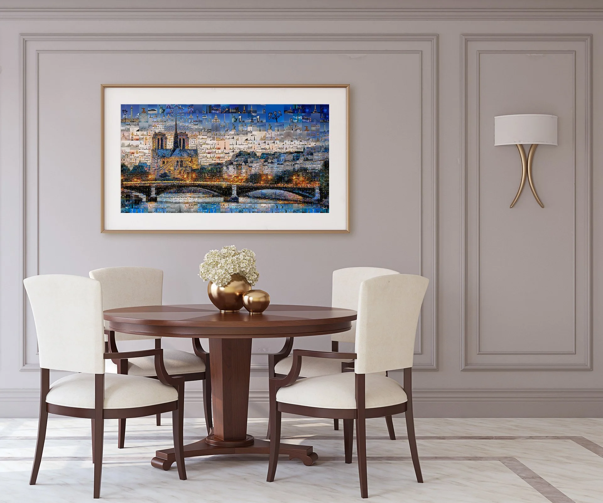  Framed mosaic of Notre-Dame and the Seine at dusk above a round dining table with white chairs 