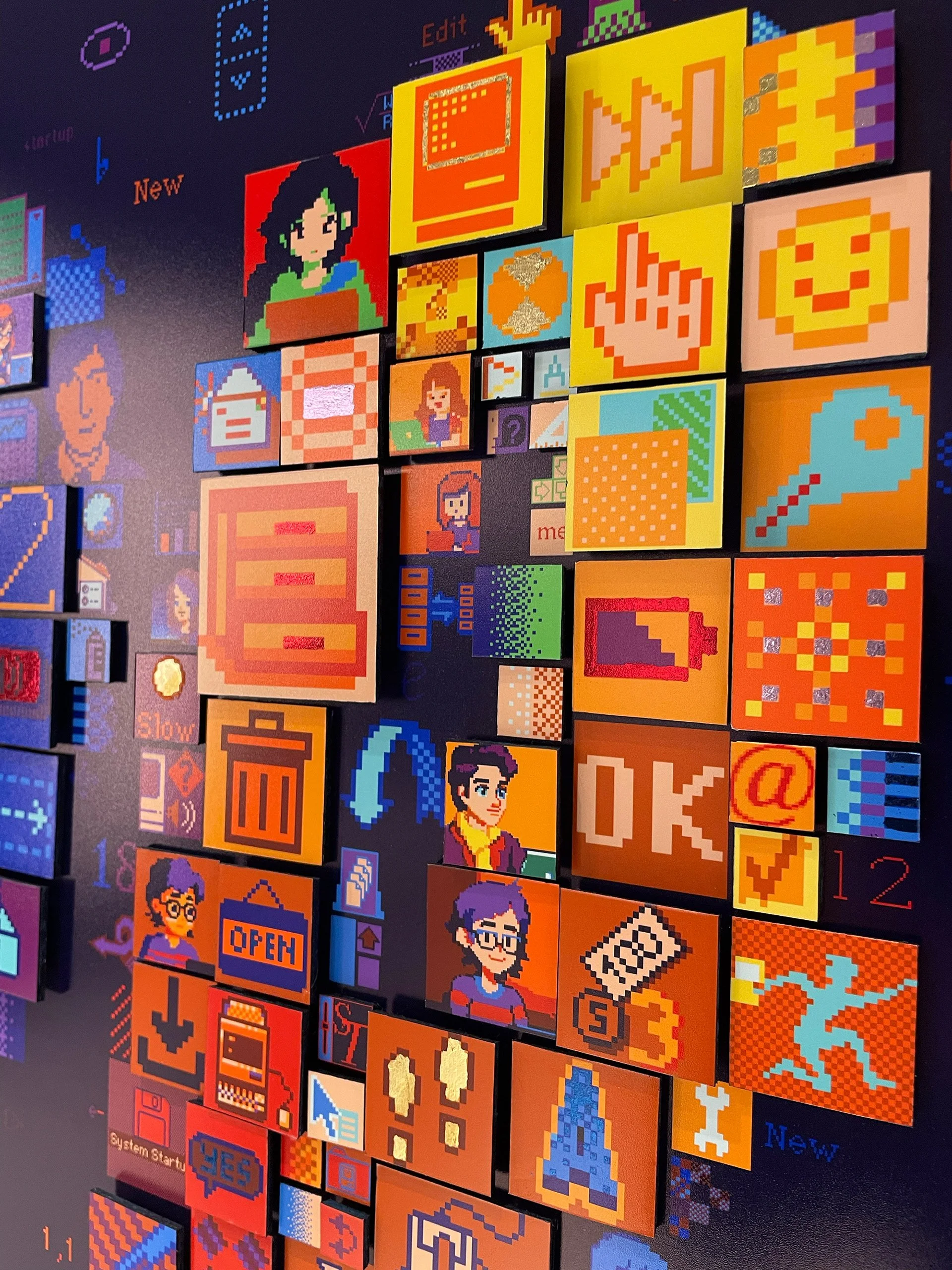  Detailed close-up of Charis Tsevis' digital mosaic &amp;quot;HELLO&amp;quot; artwork for Apple headquarters showing pixelated interface elements including Susan Kare's iconic designs, Macintosh interfaces, and modern digital symbols spanning four de
