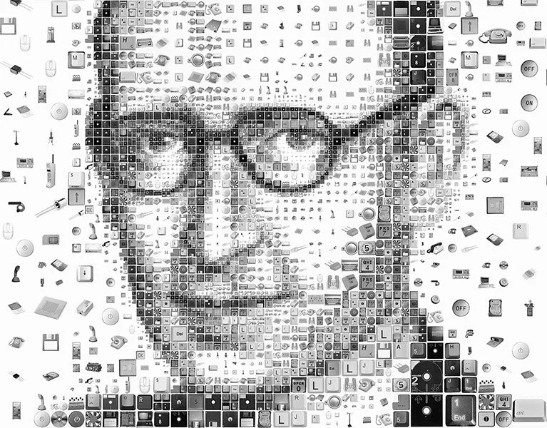 Black-and-white mosaic portrait of a computing pioneer built from small icons