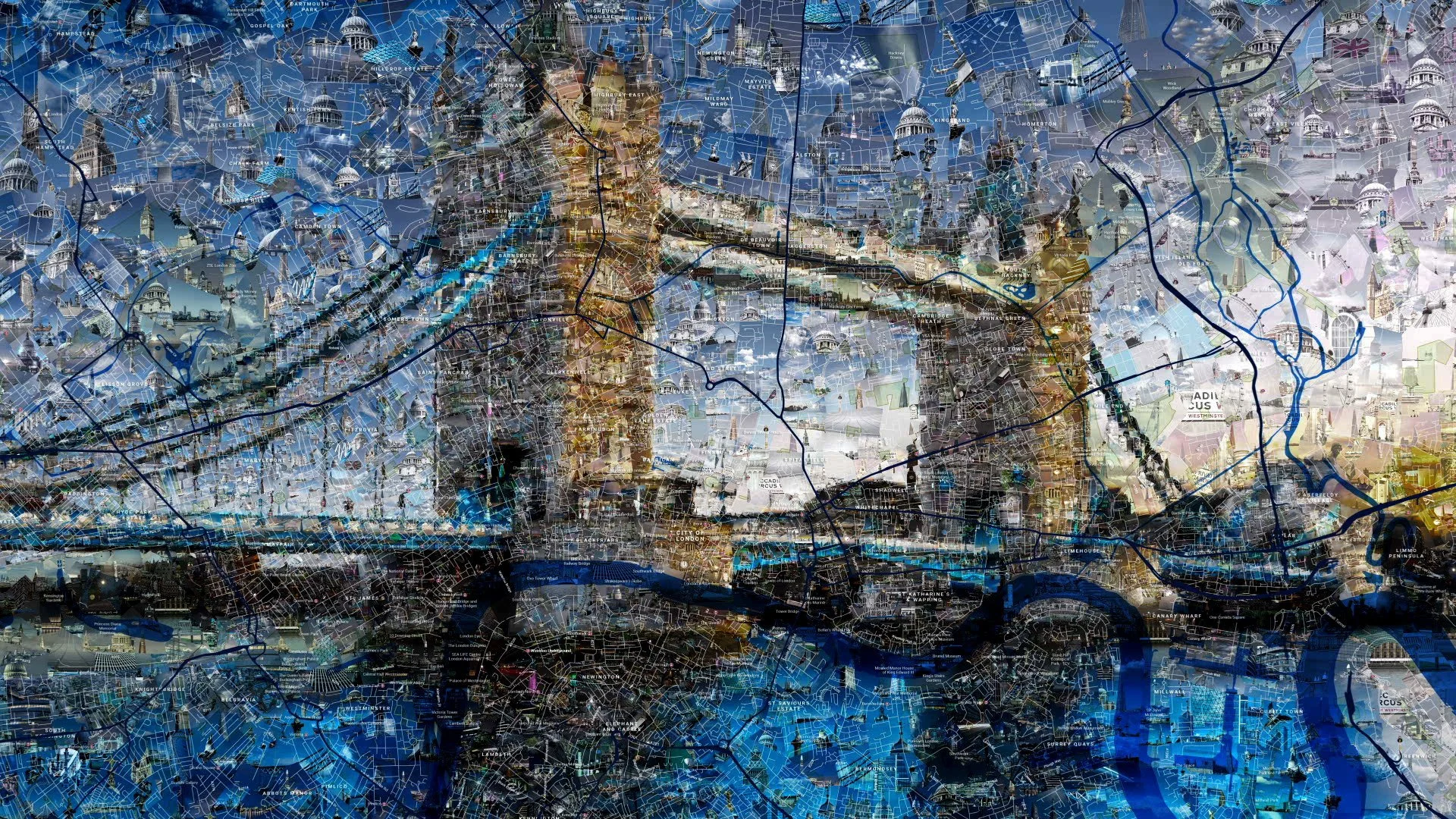  Tower Bridge mosaic map of London, television entertainment industry collaboration 