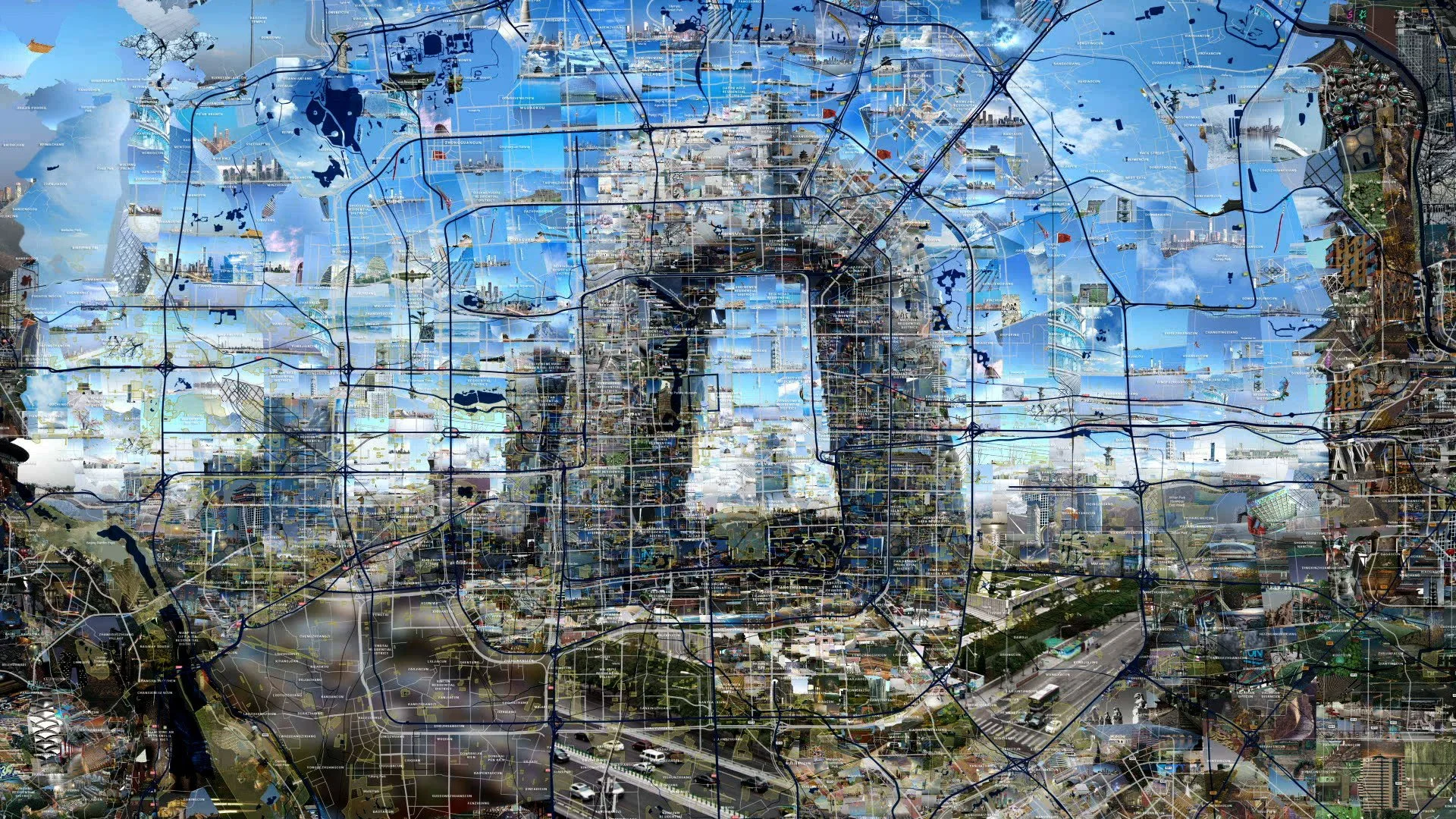  CGTN headquarters in Beijing made from many photos based on the city map, digital mosaic 