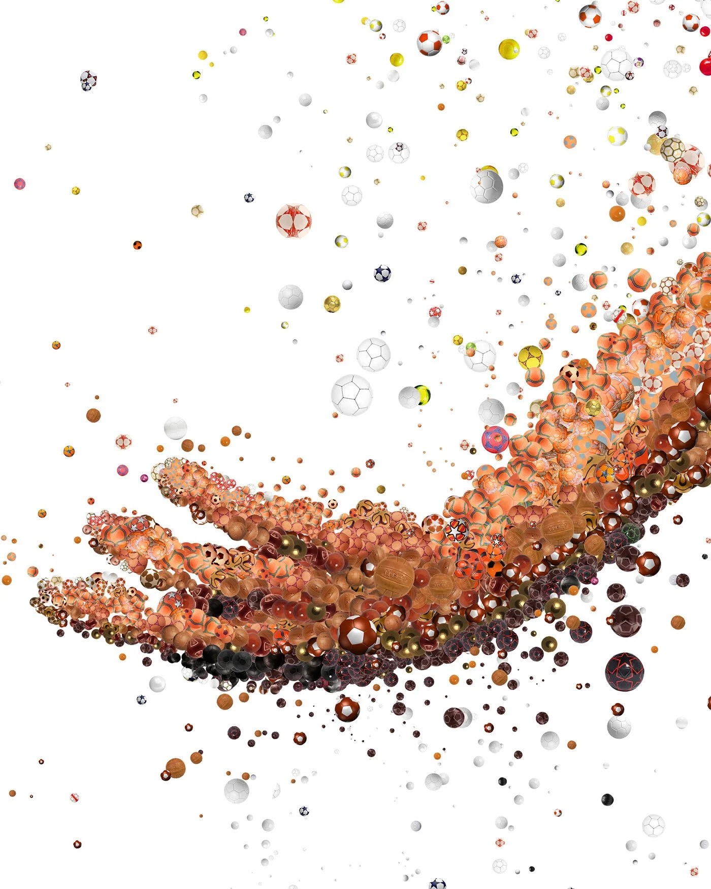  A hand in a mosaic illustration made out of millions of soccer balls, sports event art 