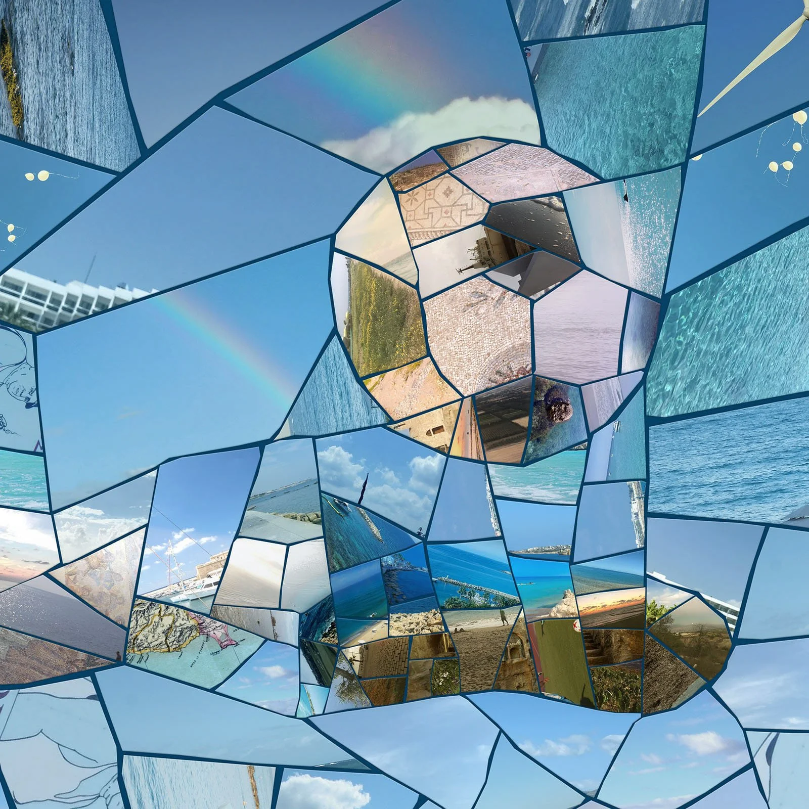   Macro perspective on the mosaic technique blending Venetian Castle imagery with Mediterranean blues  