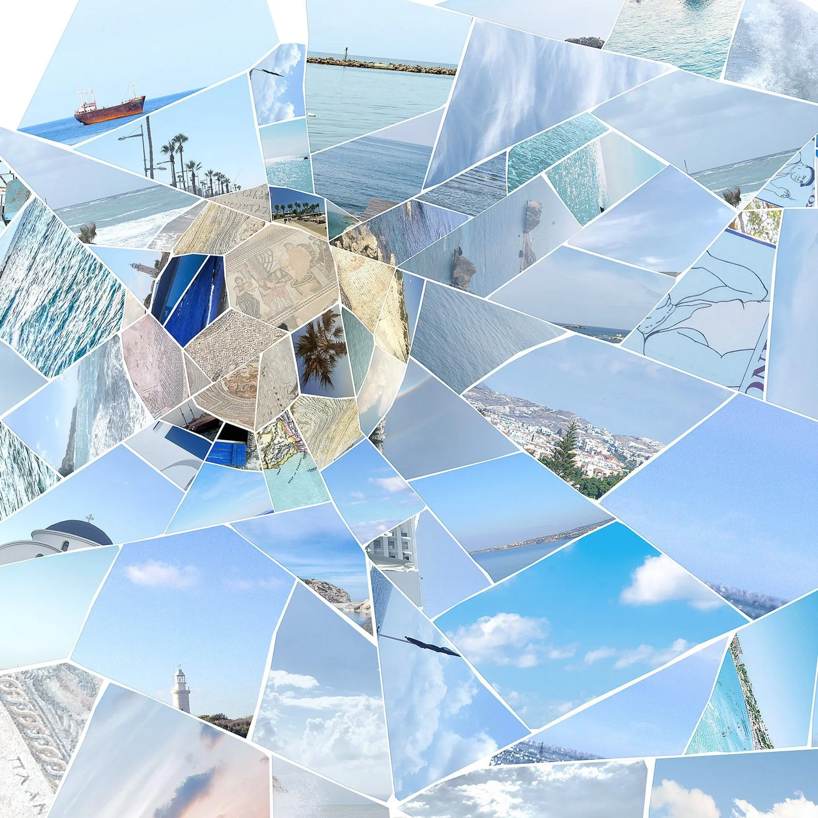   Detail shot: where ancient mosaic mathematics meets modern Cyprus coastal imagery in perfect harmony  