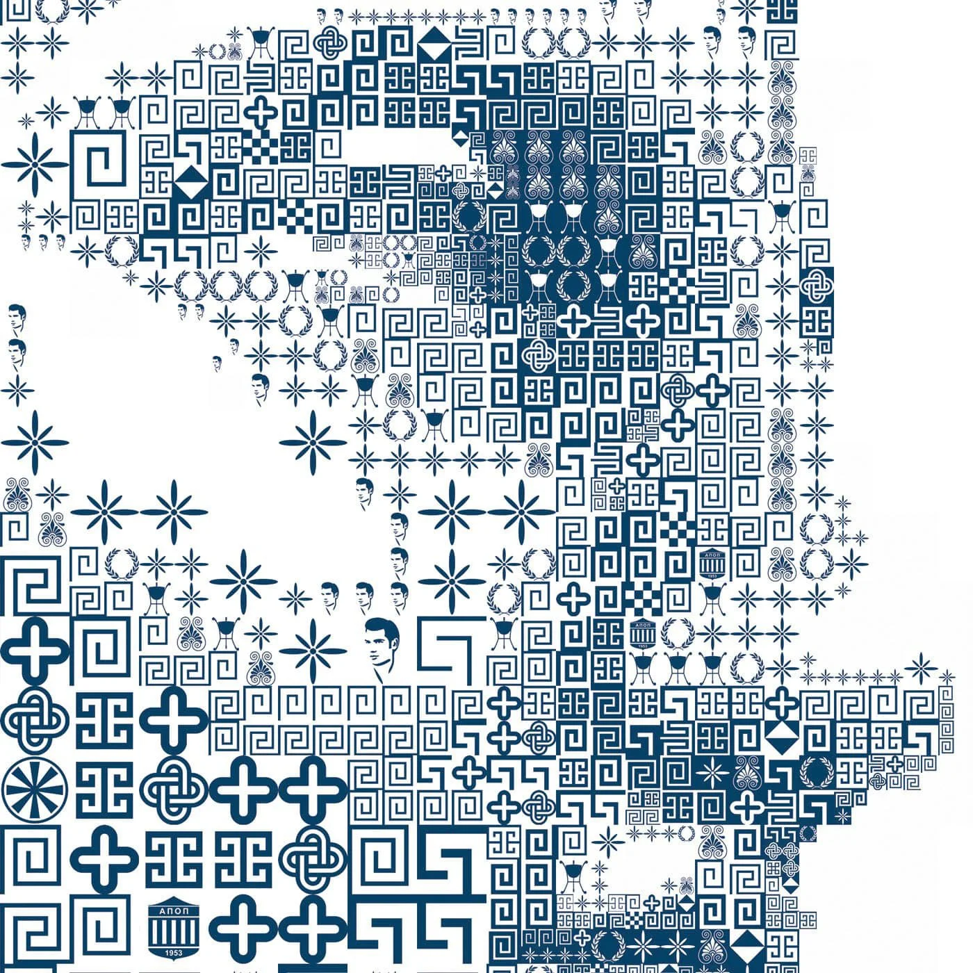   Detail of the digital mosaic of Aphrodite the Paphian made out of&nbsp;Greek-Cypriot cultural symbols, crosses and elements that are present in the city of Paphos.  