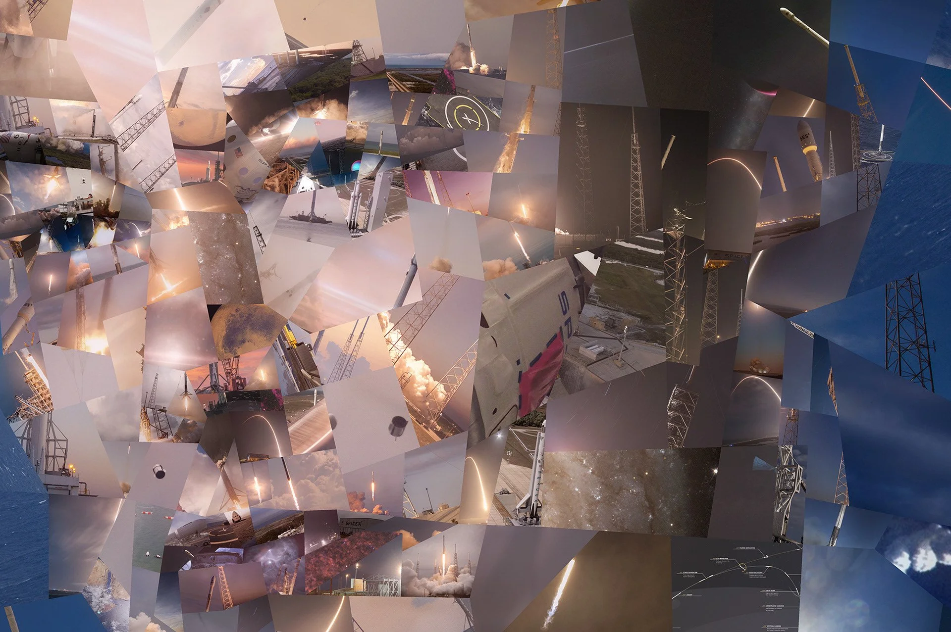   Close-up of Elon Musk mosaic – individual SpaceX rocket launch photos visible as geometric tiles.  