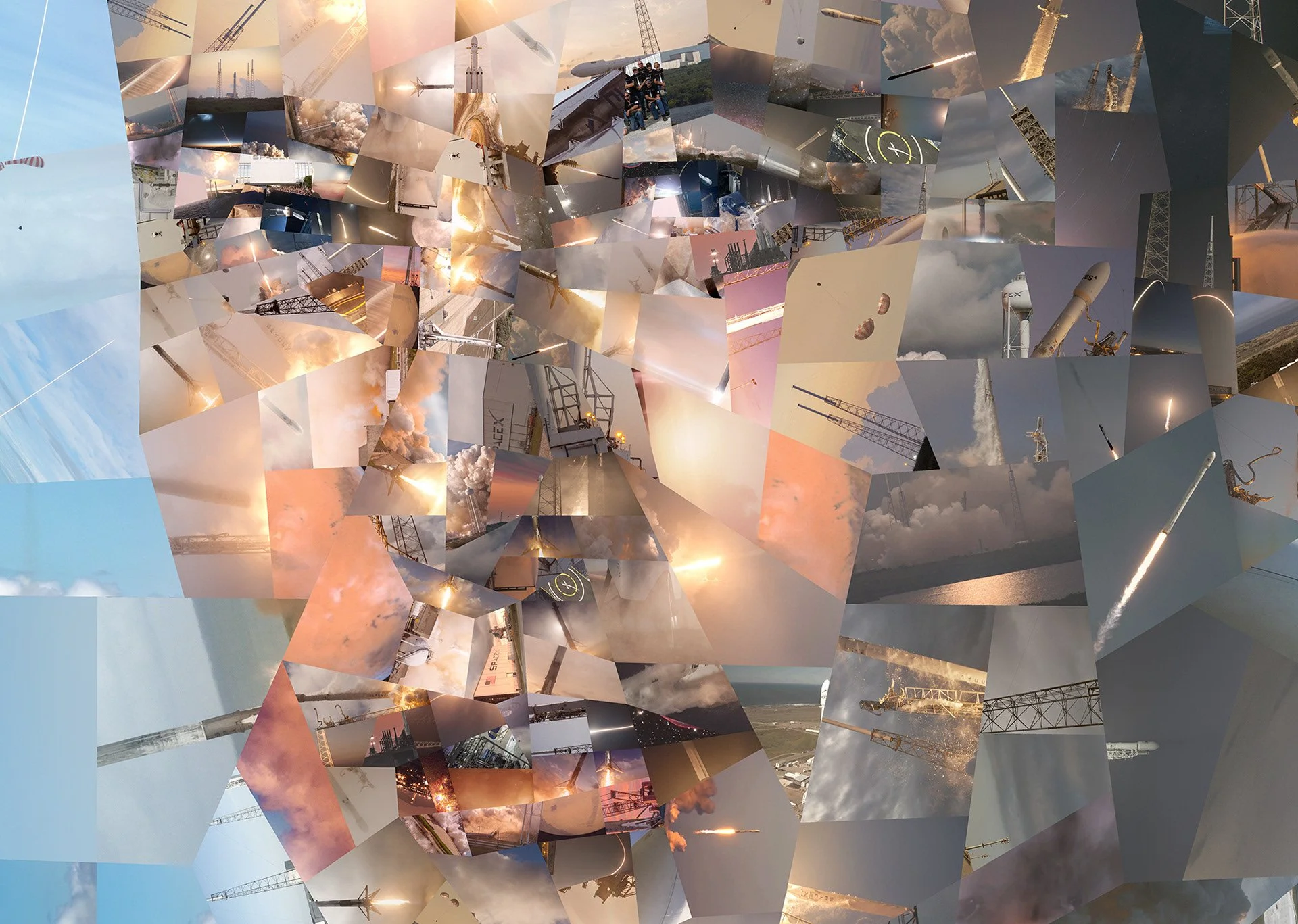   Close-up of Elon Musk mosaic – individual SpaceX rocket launch photos visible as geometric tiles.  