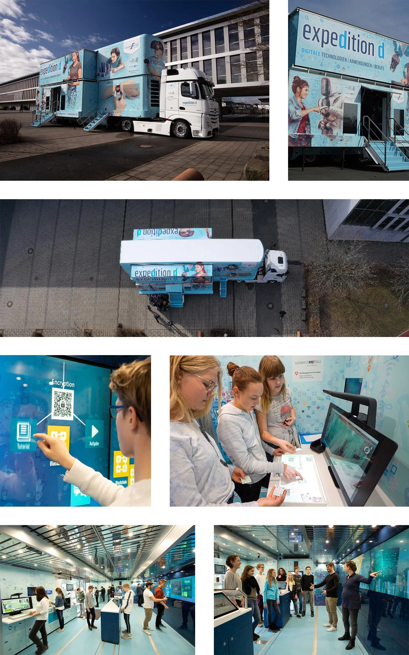   Truck interior with mosaic illustrations – students learning about 4th Industrial Revolution. Educational roadshow.  