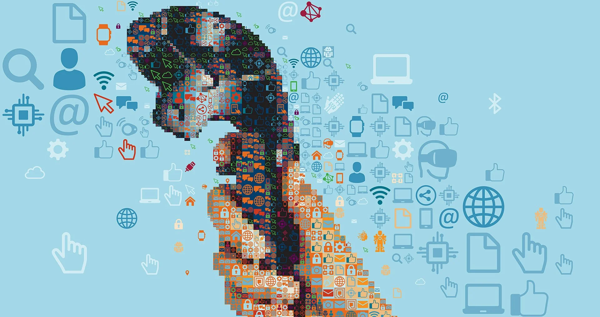   Mixed reality mosaic detail – VR goggles and hologram icons as geometric fragments  