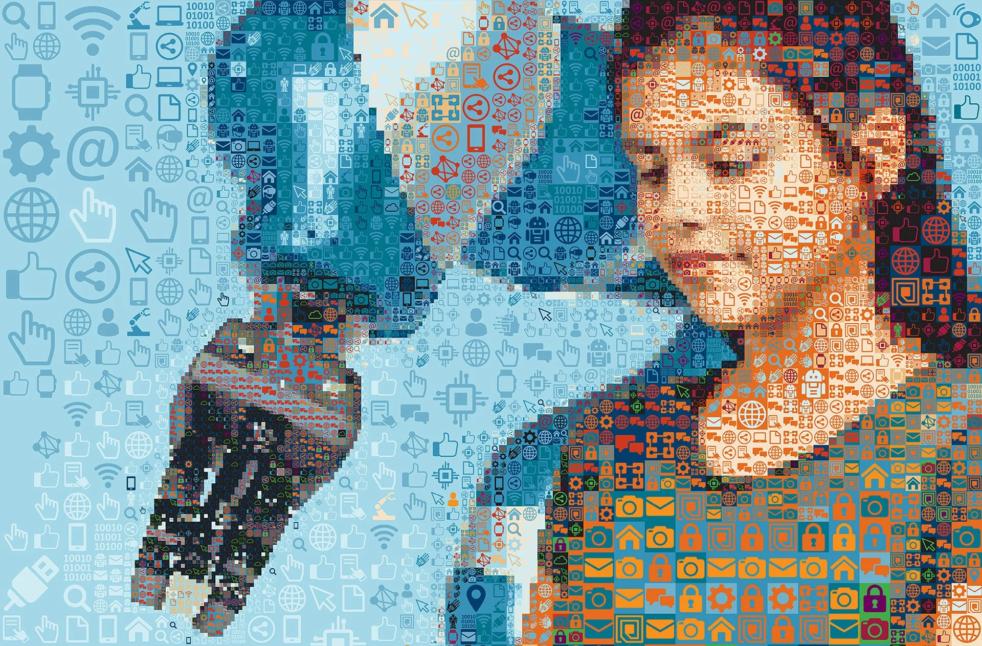   Close-up of mosaic, automation, and data icons as tiny tesserae.  
