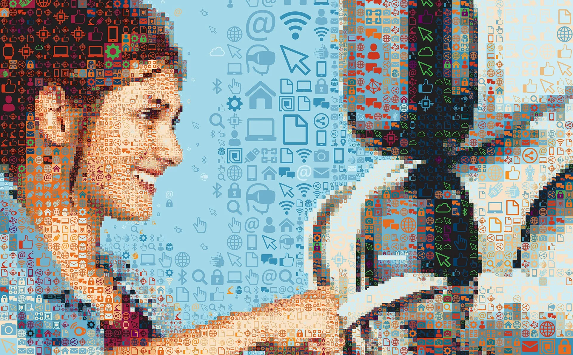   Close-up of Expedition.Digital mosaic – automation and data icons as tiny tesserae forming a robot face.  