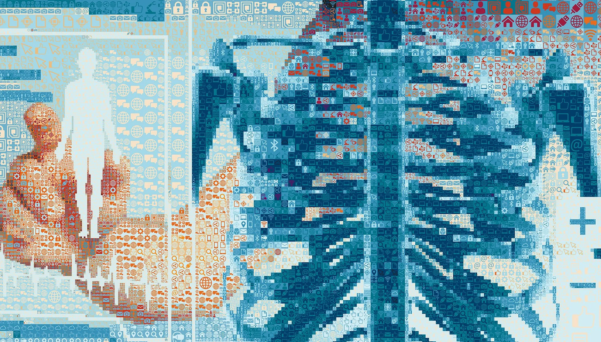   Mixed reality mosaic detail, hologram icons as geometric fragments  