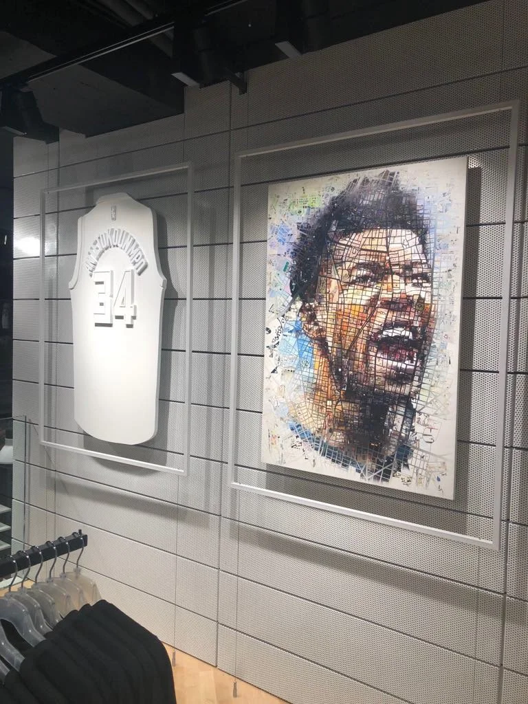   Giannis map-mosaic installed at the Nike flagship store, interior design for stores.  