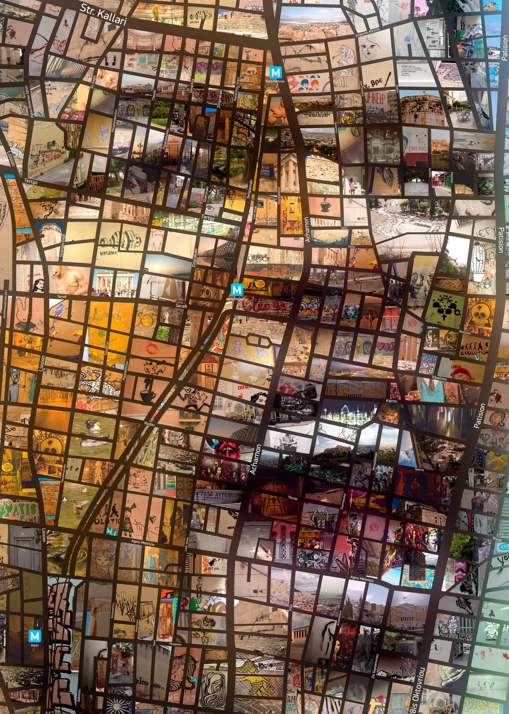   Close-up of Giannis mosaic. Athens neighborhood street grid  