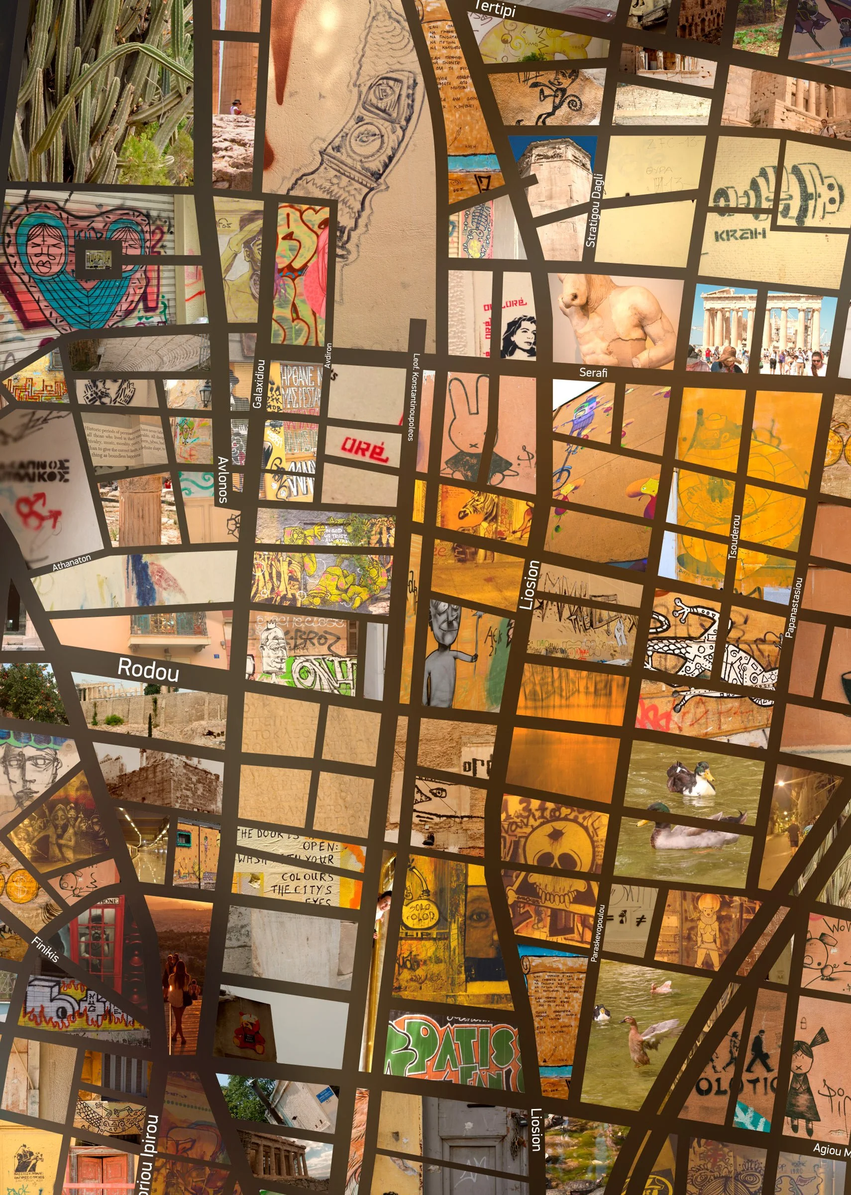   Extreme close-up – individual Athens street photos visible as tiny tiles in Giannis mosaic.  