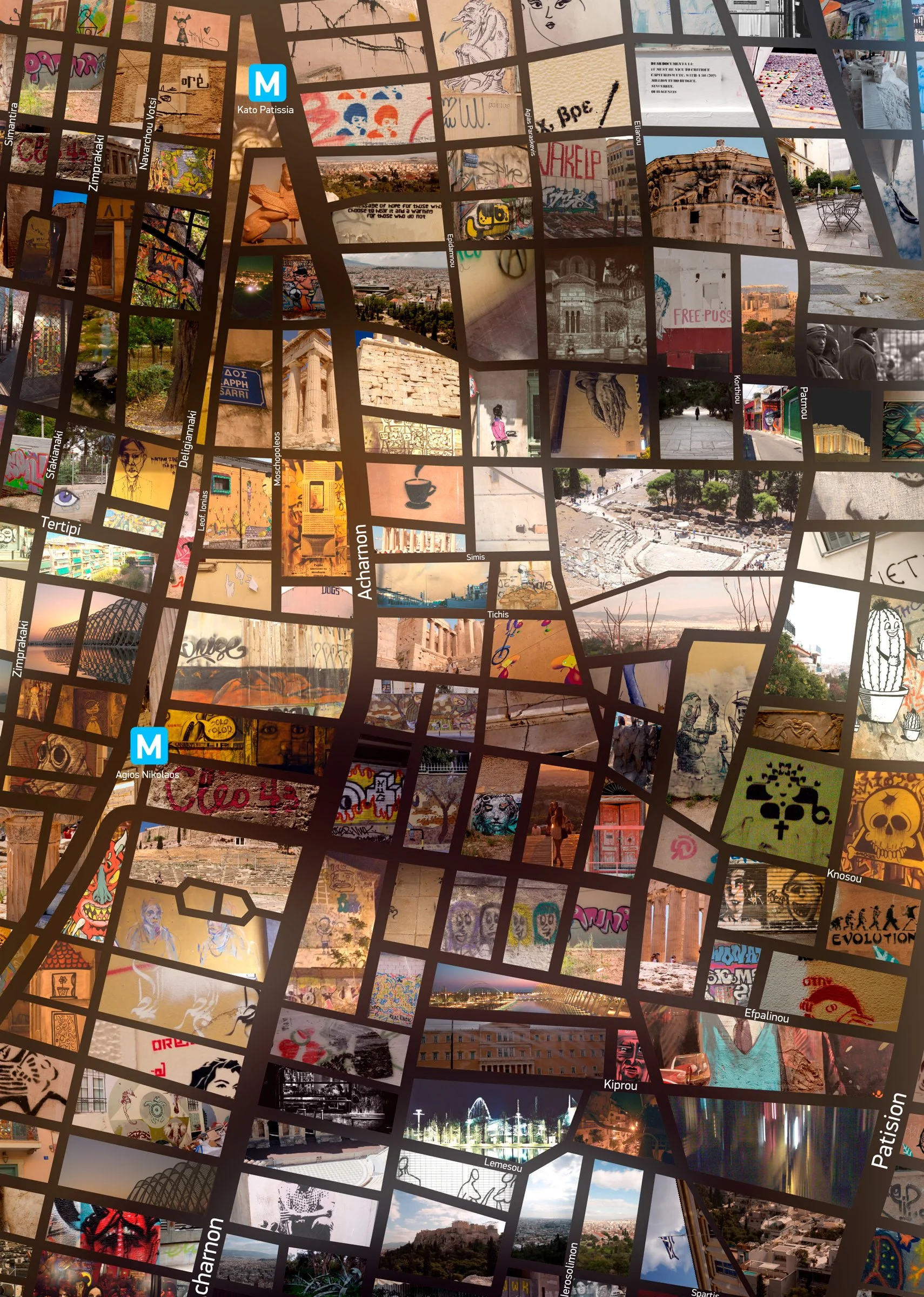   Close-up of Giannis mosaic. Sepolia neighborhood street grid  