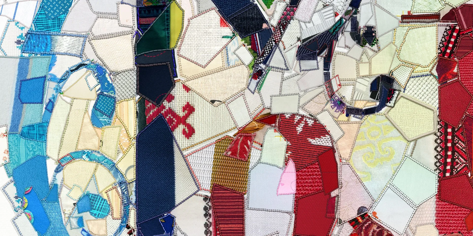  Digital stitched fabric fragments mimicking traditional quilting patchwork 
