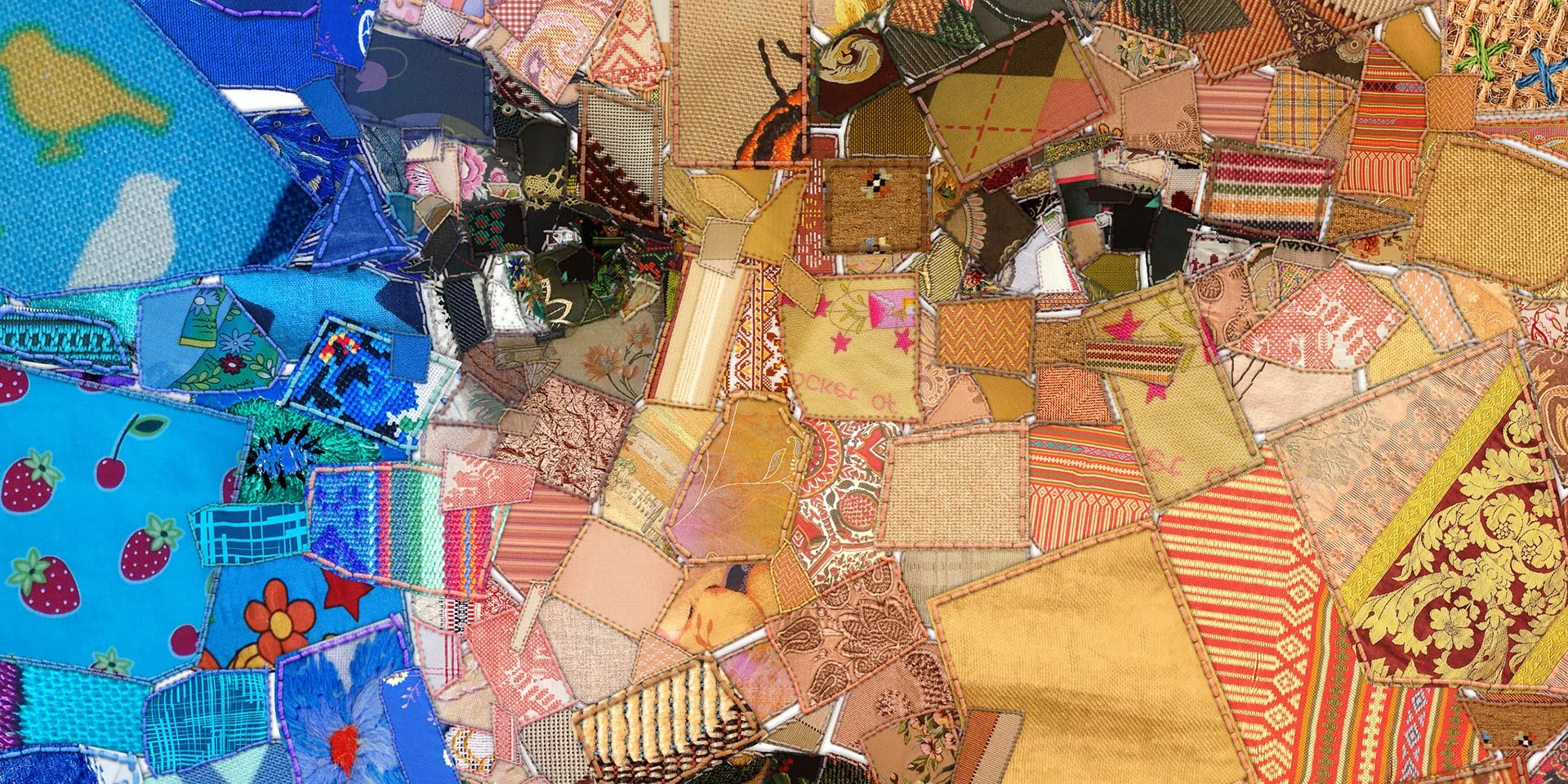   patchwork quilt aesthetic with visible thread-like mosaic fragments  
