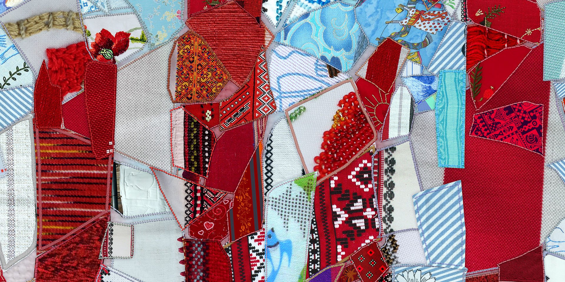  Digital stitched fabric fragments mimicking traditional quilting patchwork 