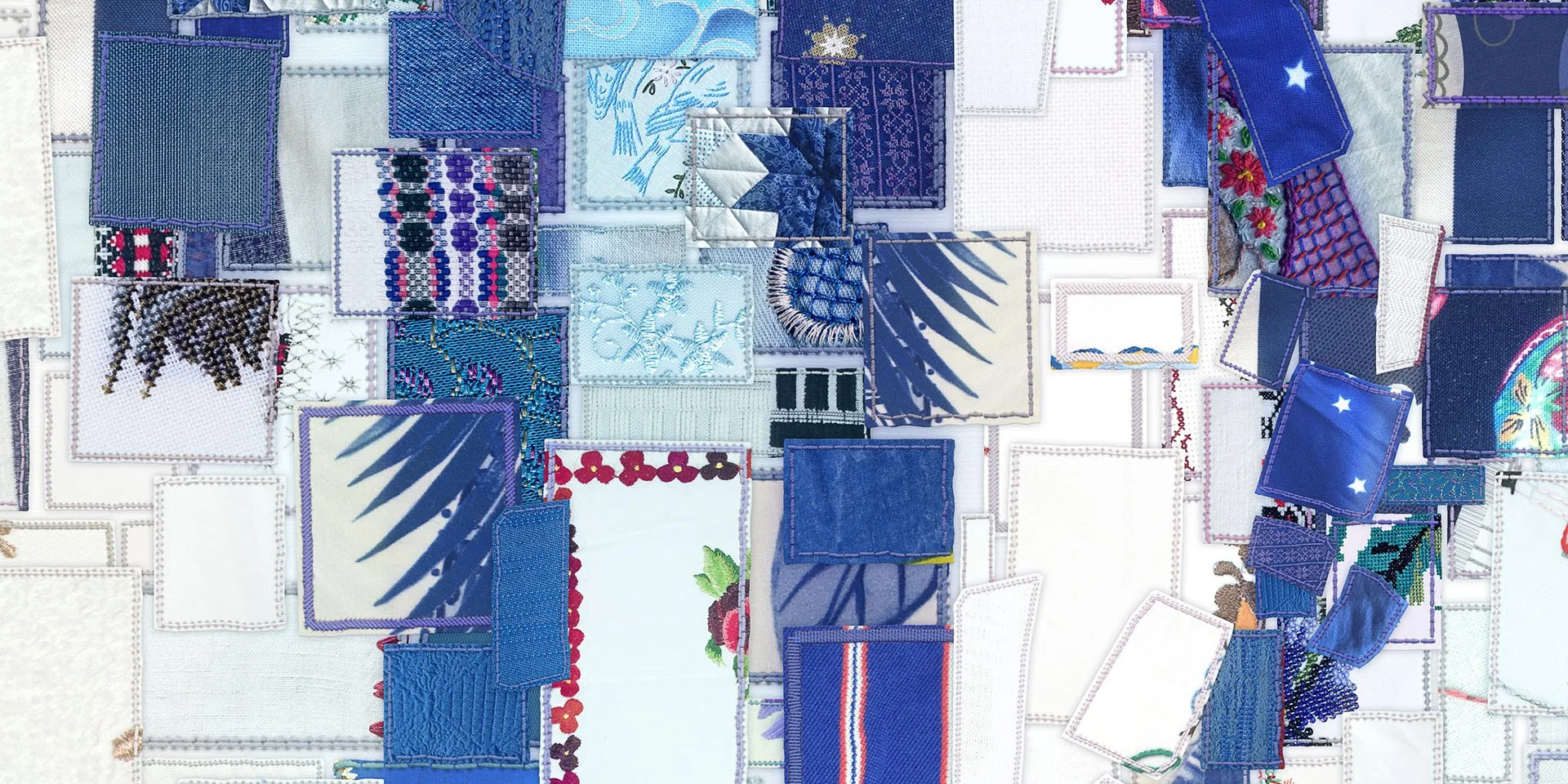  Digital stitched fabric fragments mimicking traditional quilting patchwork 