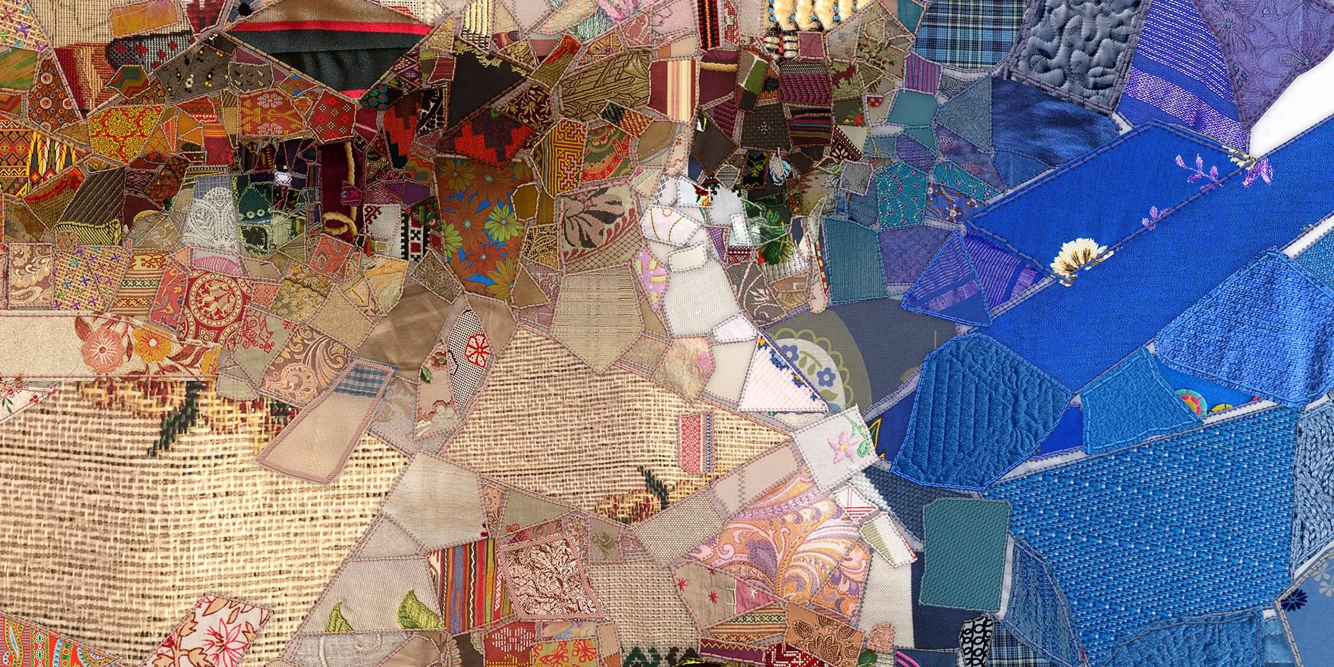   patchwork quilt aesthetic with visible thread-like mosaic fragments  