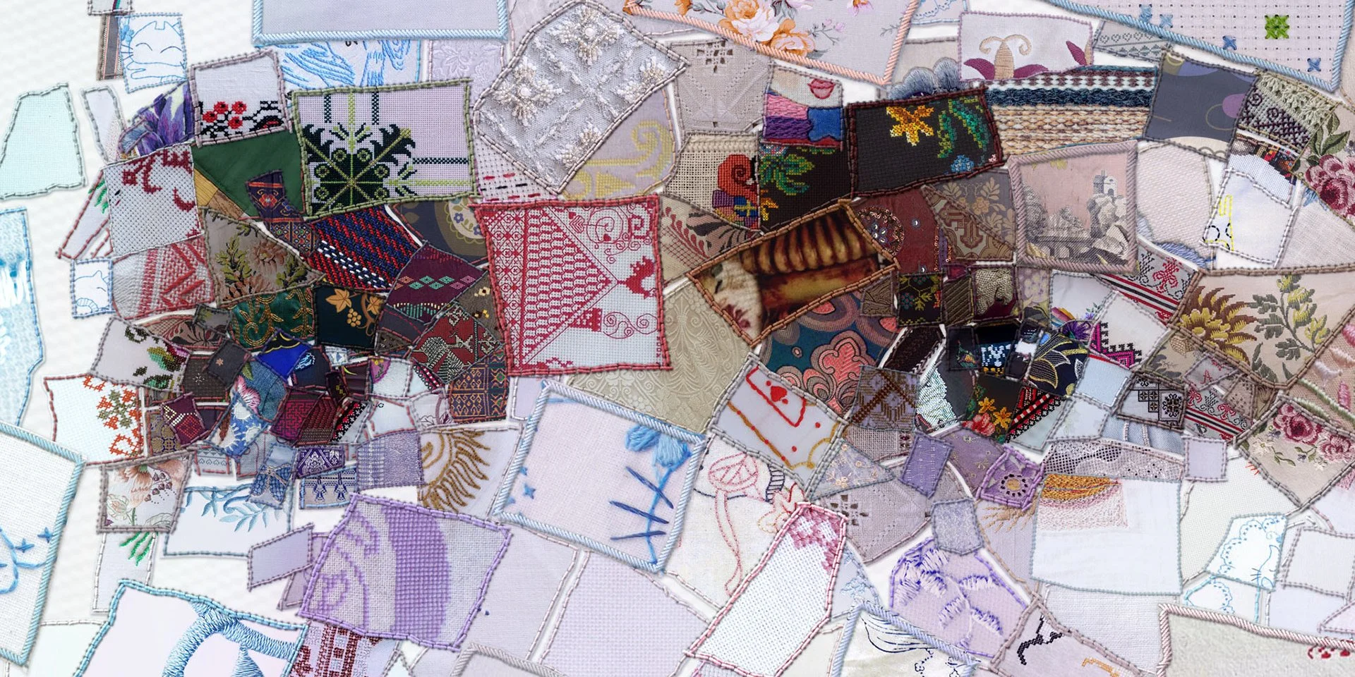  Digital stitched fabric fragments mimicking traditional quilting patchwork 